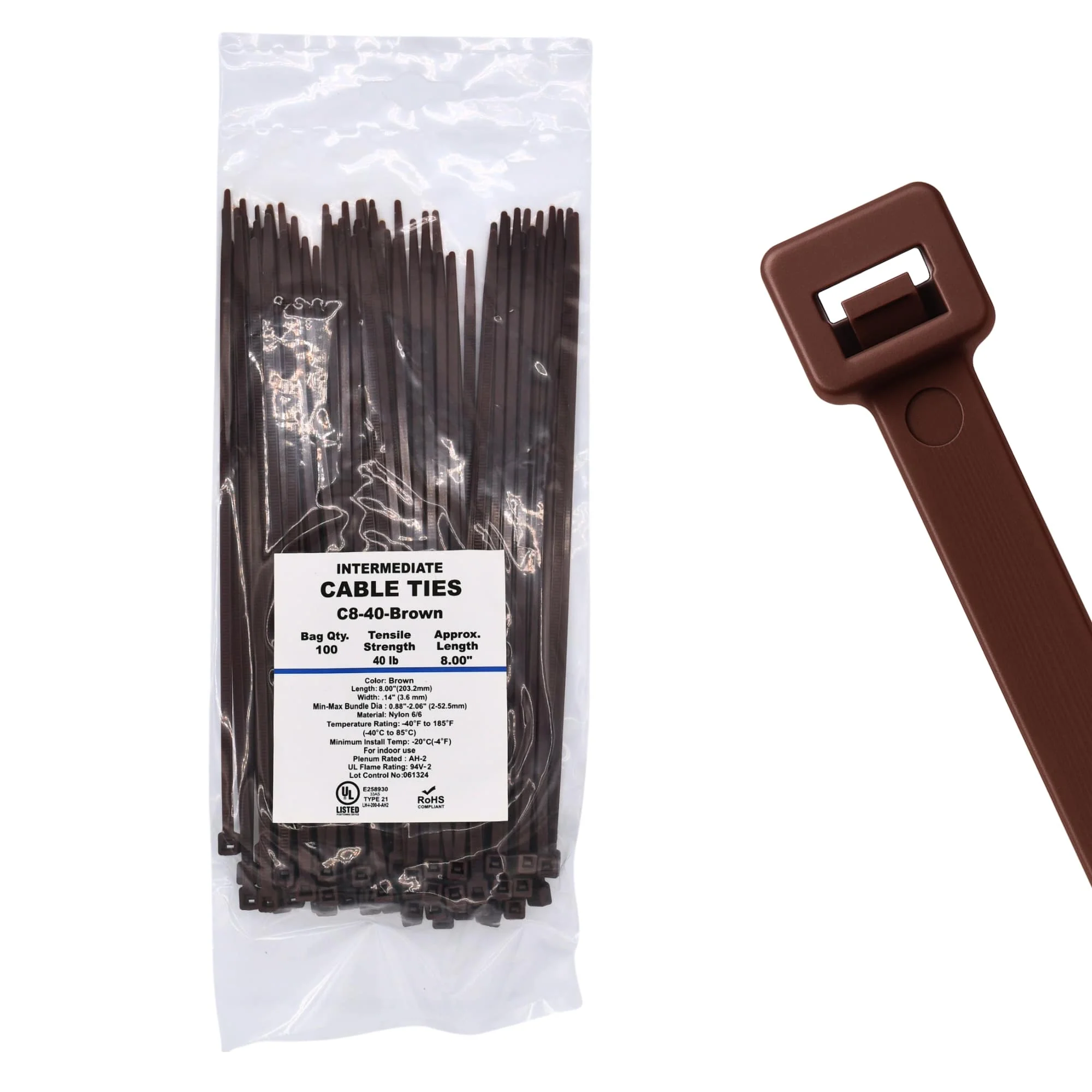 8" 40lb Brown Cable Ties / Zip Ties 100/bag Part # C8-40-Brown