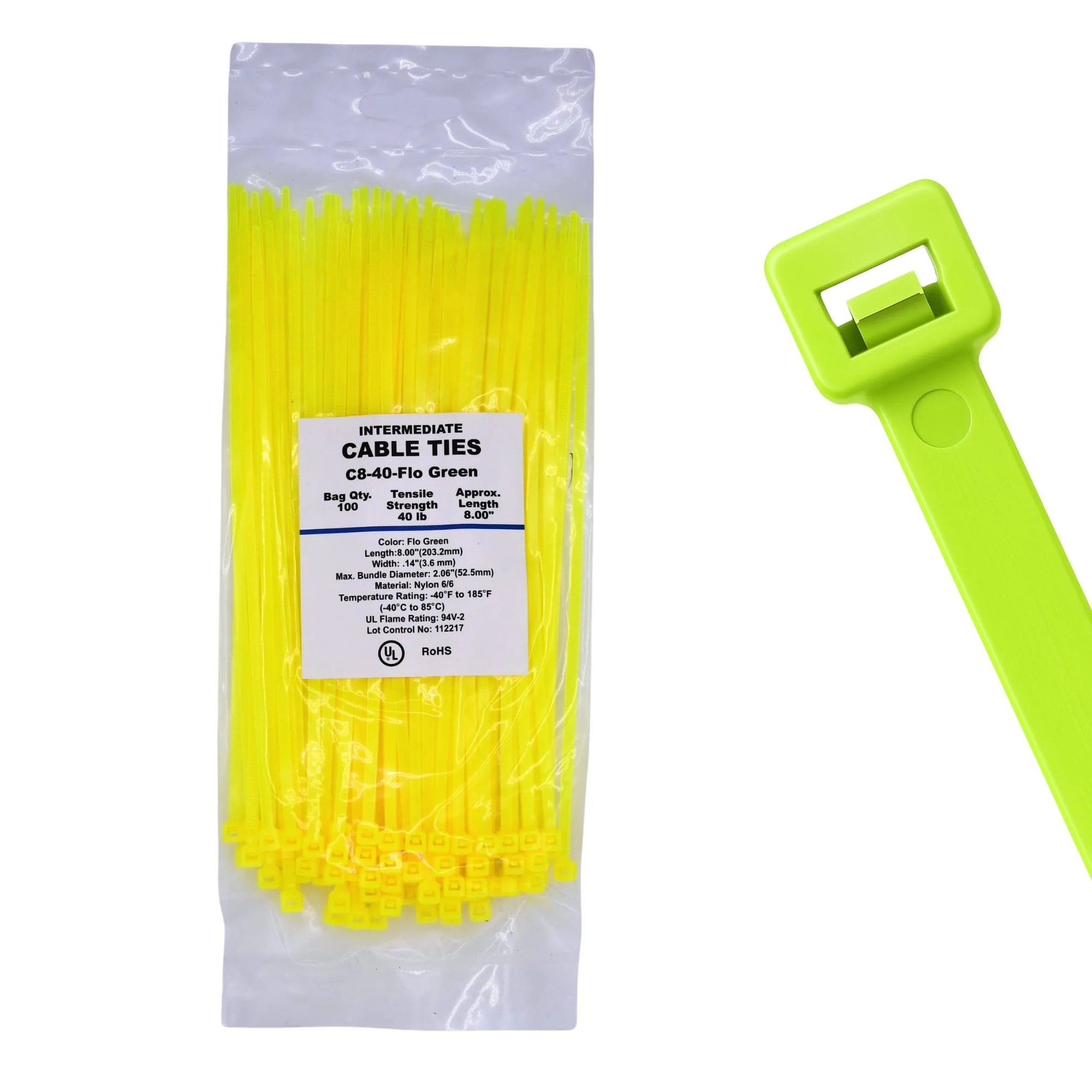 8" 40lb Fluorescent Green Cable Ties / Zip Ties 100/bag Part # C8-40-Flo Green