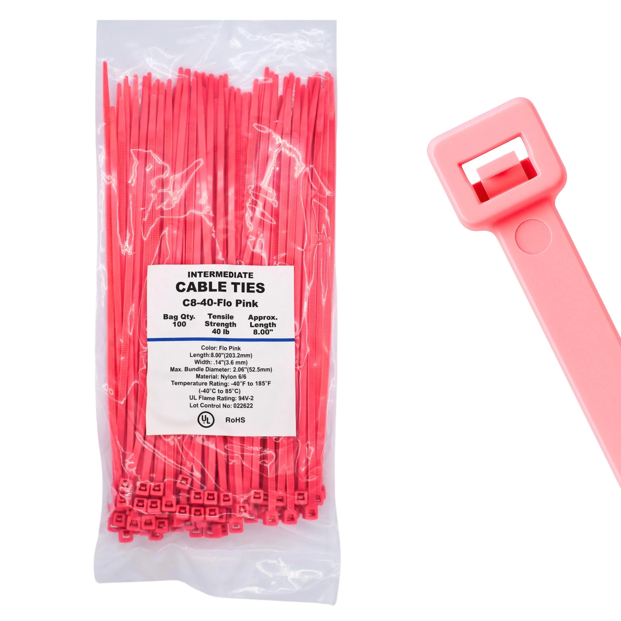 8" 40lb Fluorescent Pink Cable Ties / Zip Ties 100/bag Part # C8-40-Flo Pink