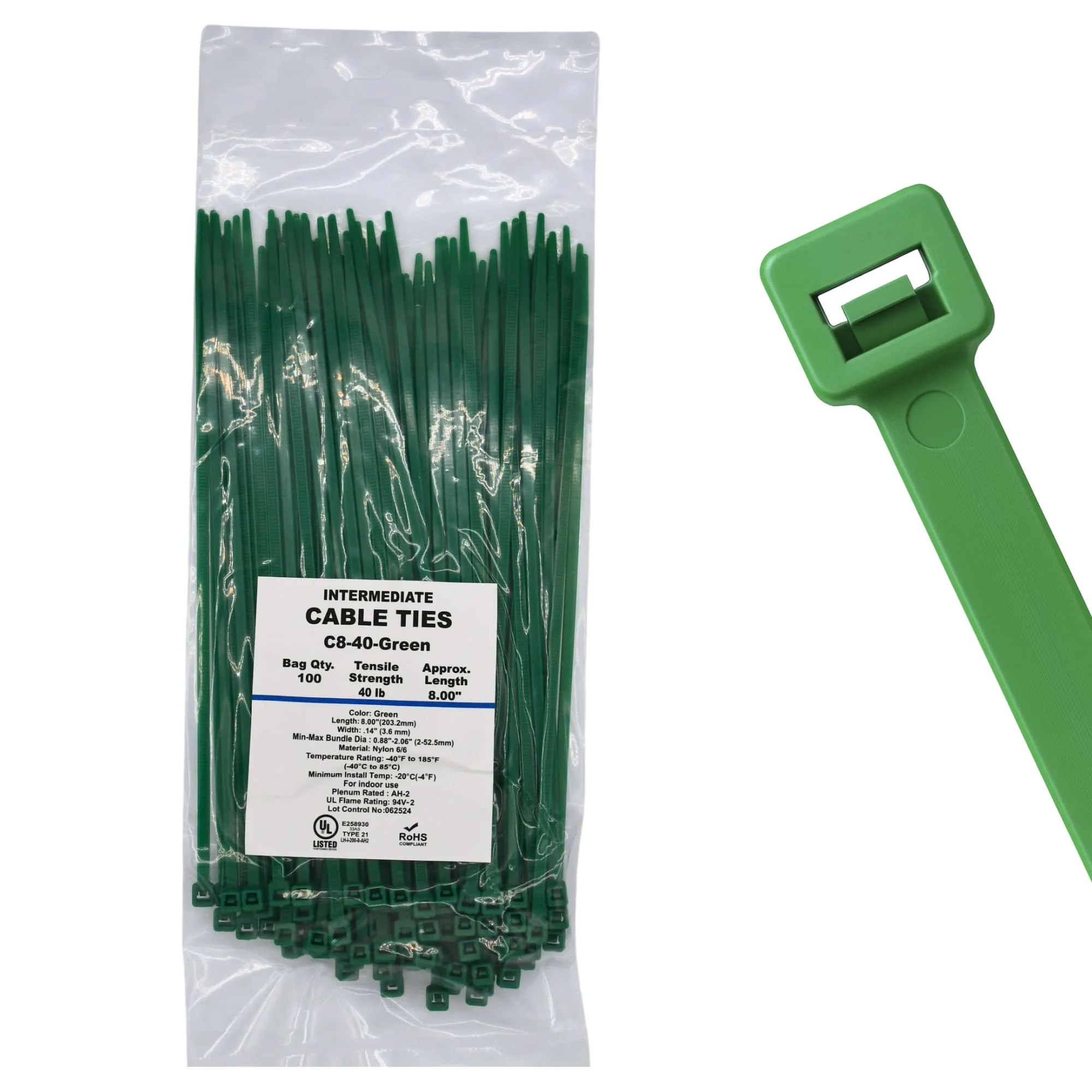 8" 40lb Green Cable Ties / Zip Ties 100/bag Part # C8-40-Green