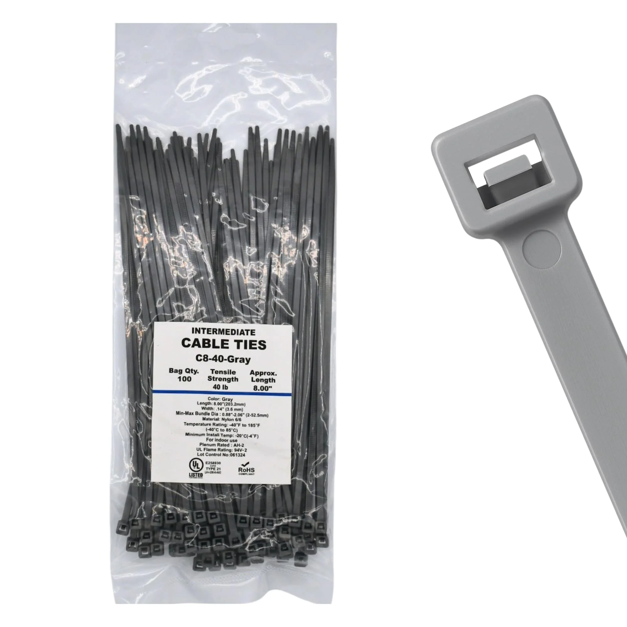 8" 40lb Grey Cable Ties / Zip Ties 100/bag Part # C8-40-Grey
