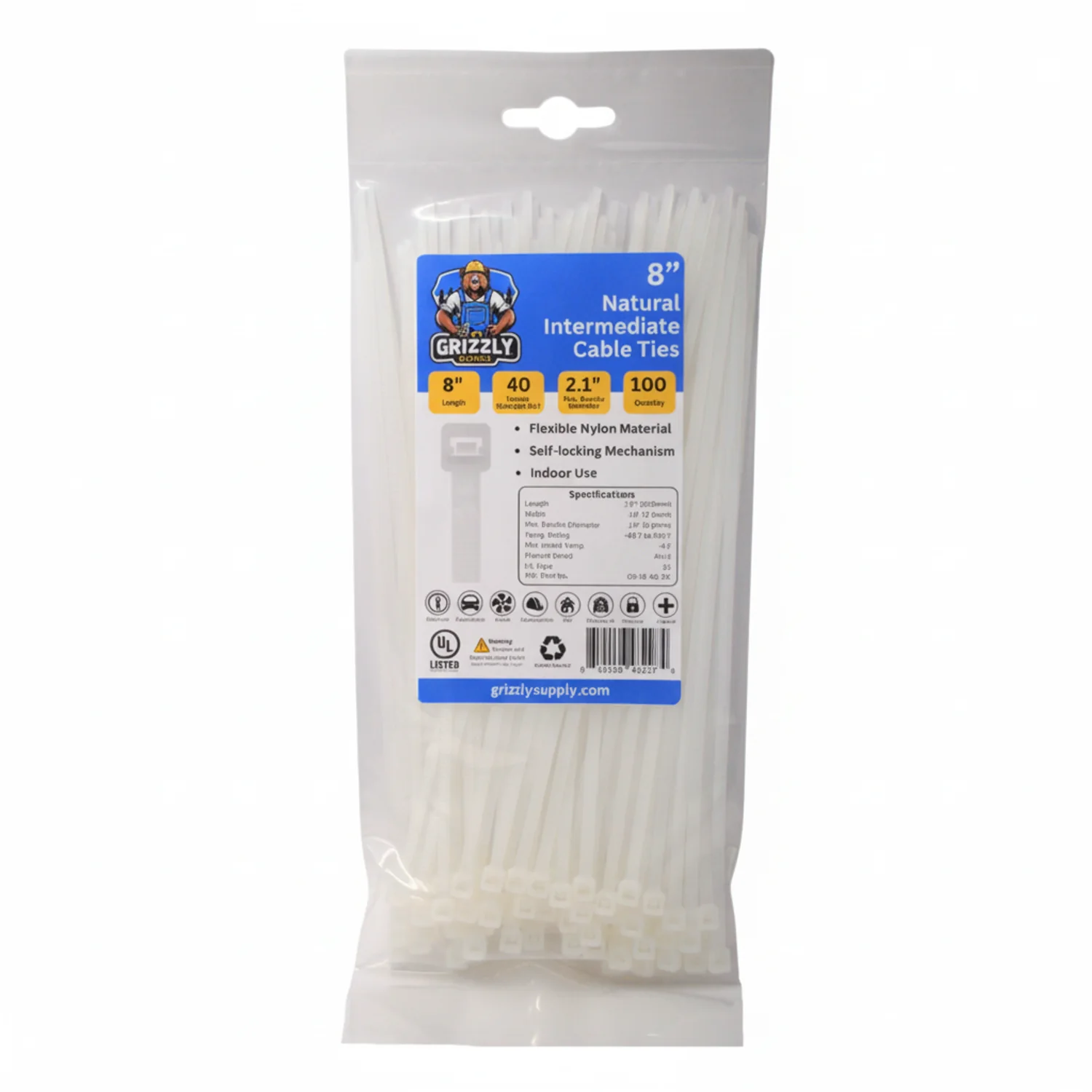 8" 40lb Natural Cable Tie 100/bag - Image 2