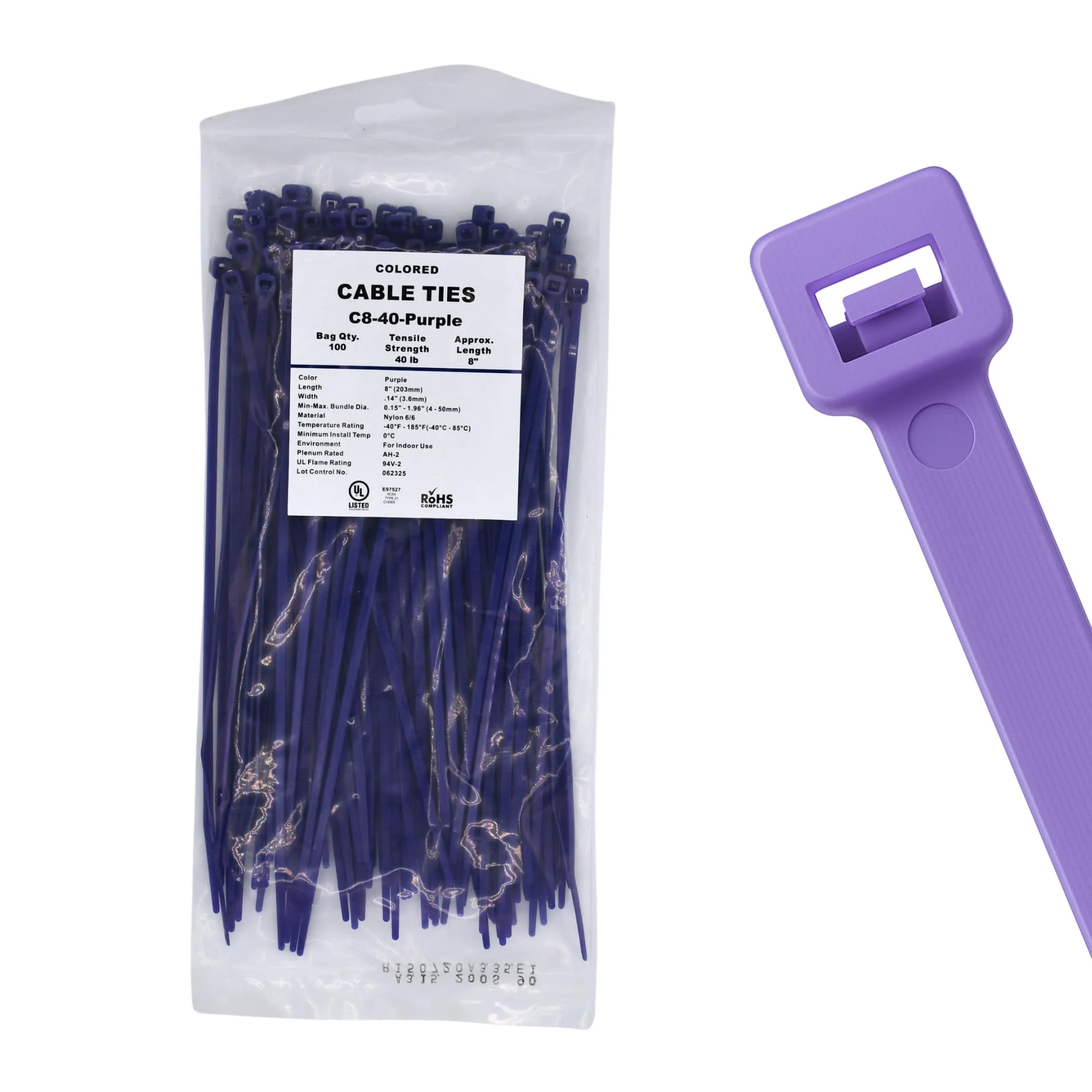 8" 40lb Purple Cable Ties / Zip Ties 100/bag Part # C8-40-Purple