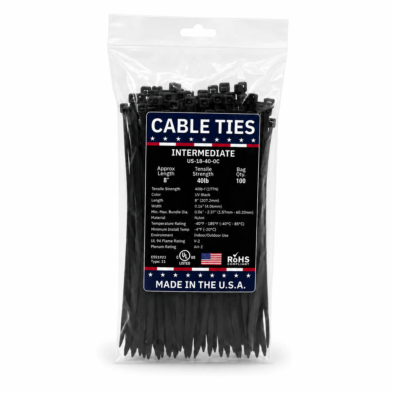 8" 40Lbs Natural Made in USA Cable Tie 100/Bag Part#US-I8-40-0C