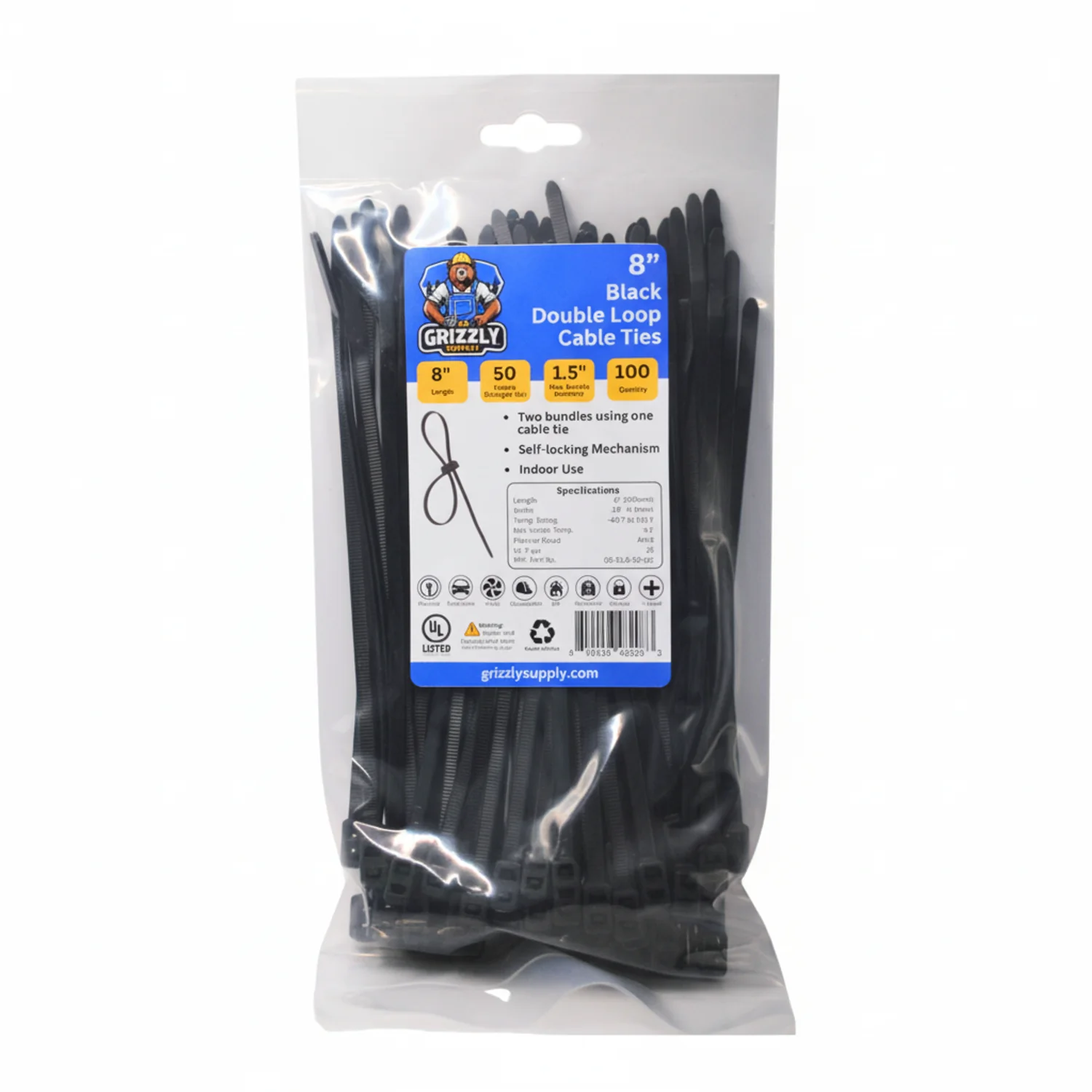 8" 50lb Black Double Loop Cable Tie 100/bag - Image 2