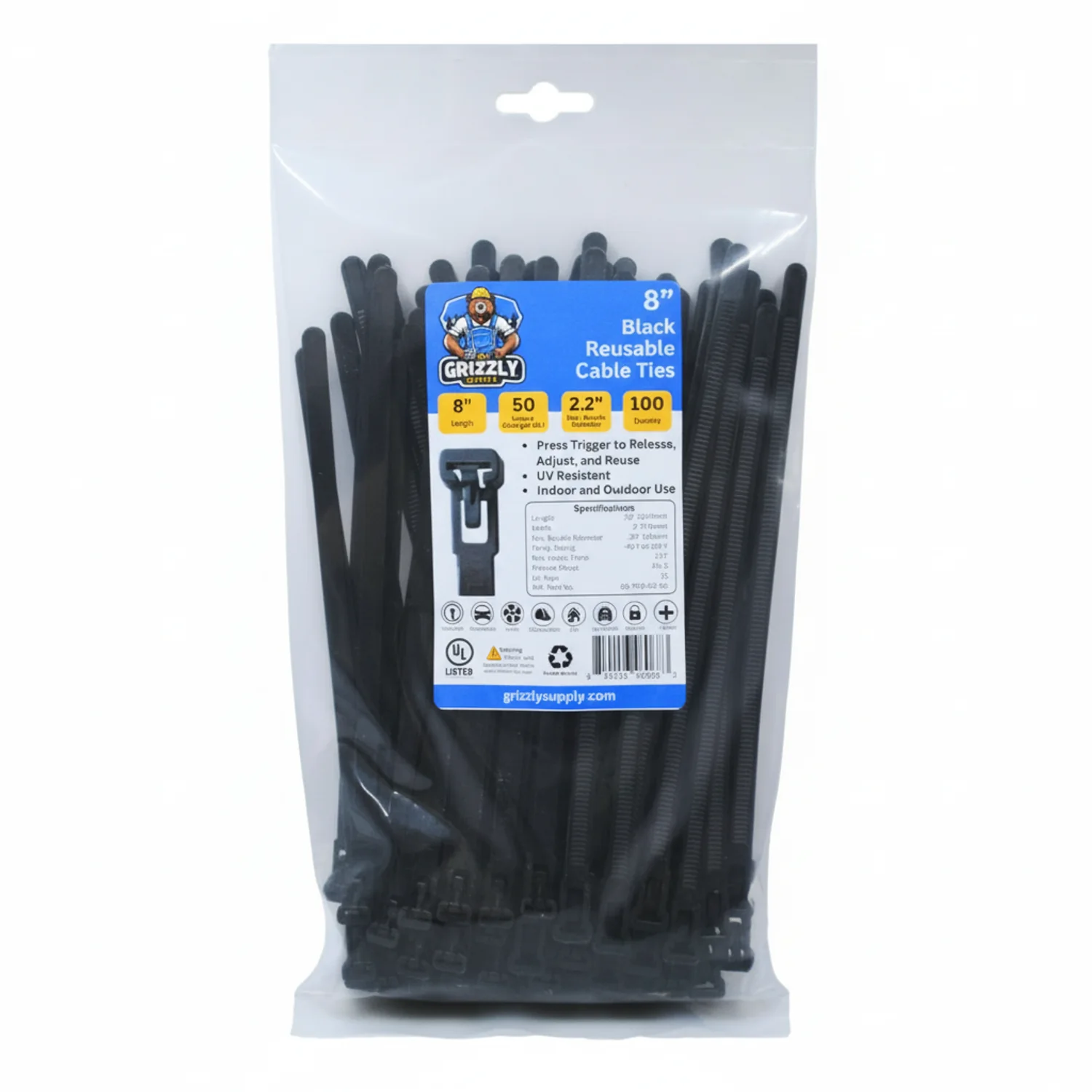8" 50lb BlackUV Releasable Cable Tie 100/bag - Image 2