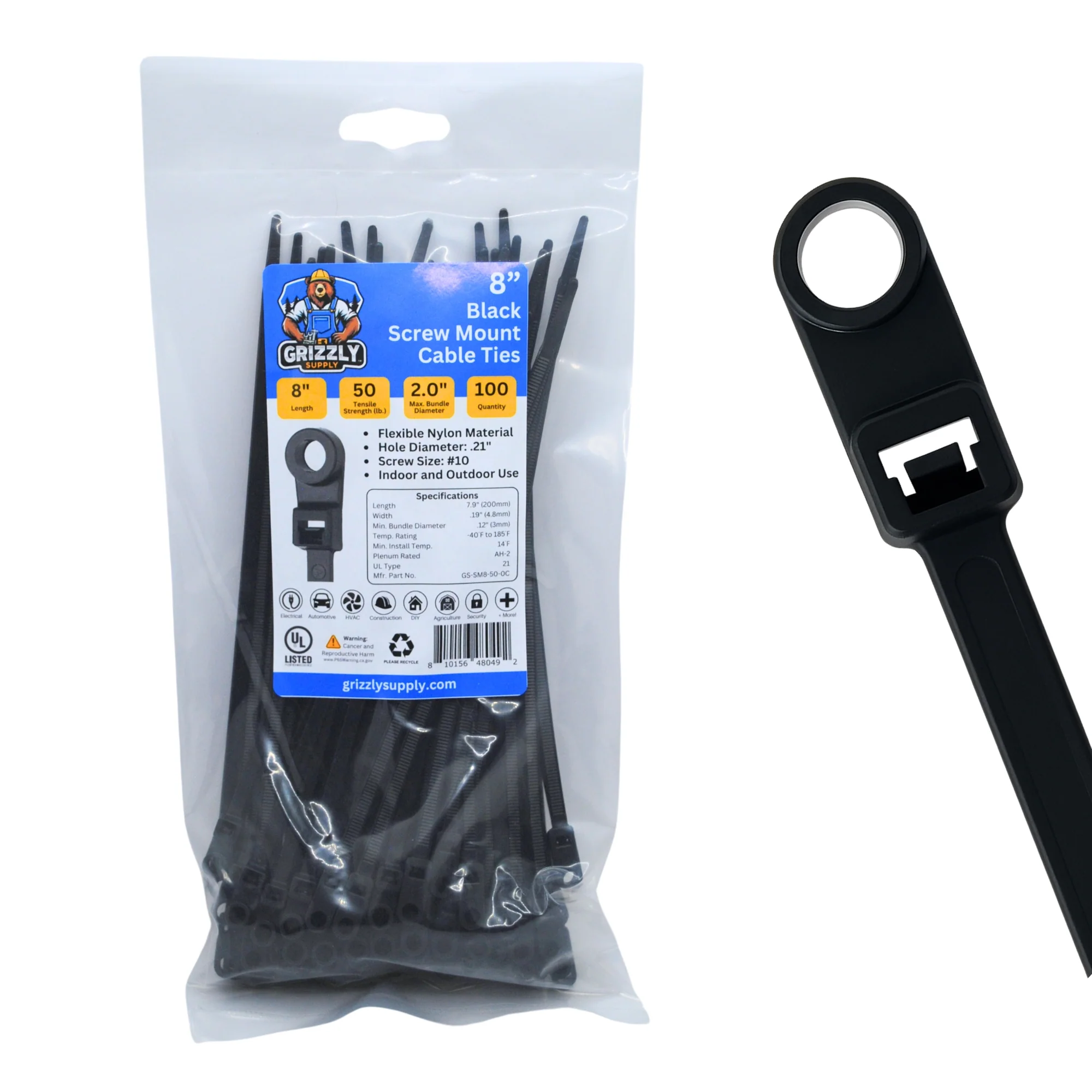 8" 50lb BlackUV Screw Mount Cable Tie 100/bag