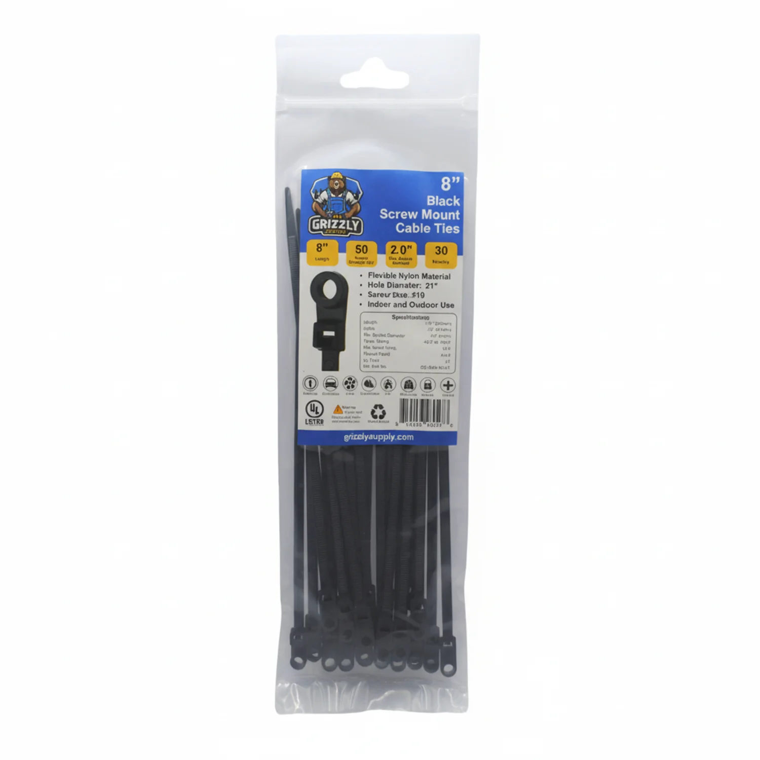 8" 50lb BlackUV Screw Mount Cable Tie 30/bag - Image 2