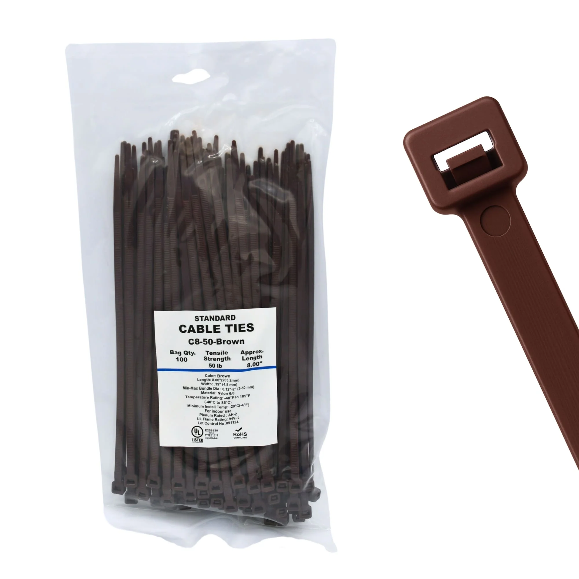 8" 50lb Brown Cable Ties / Zip Ties 100/bag Part # C8-50-Brown