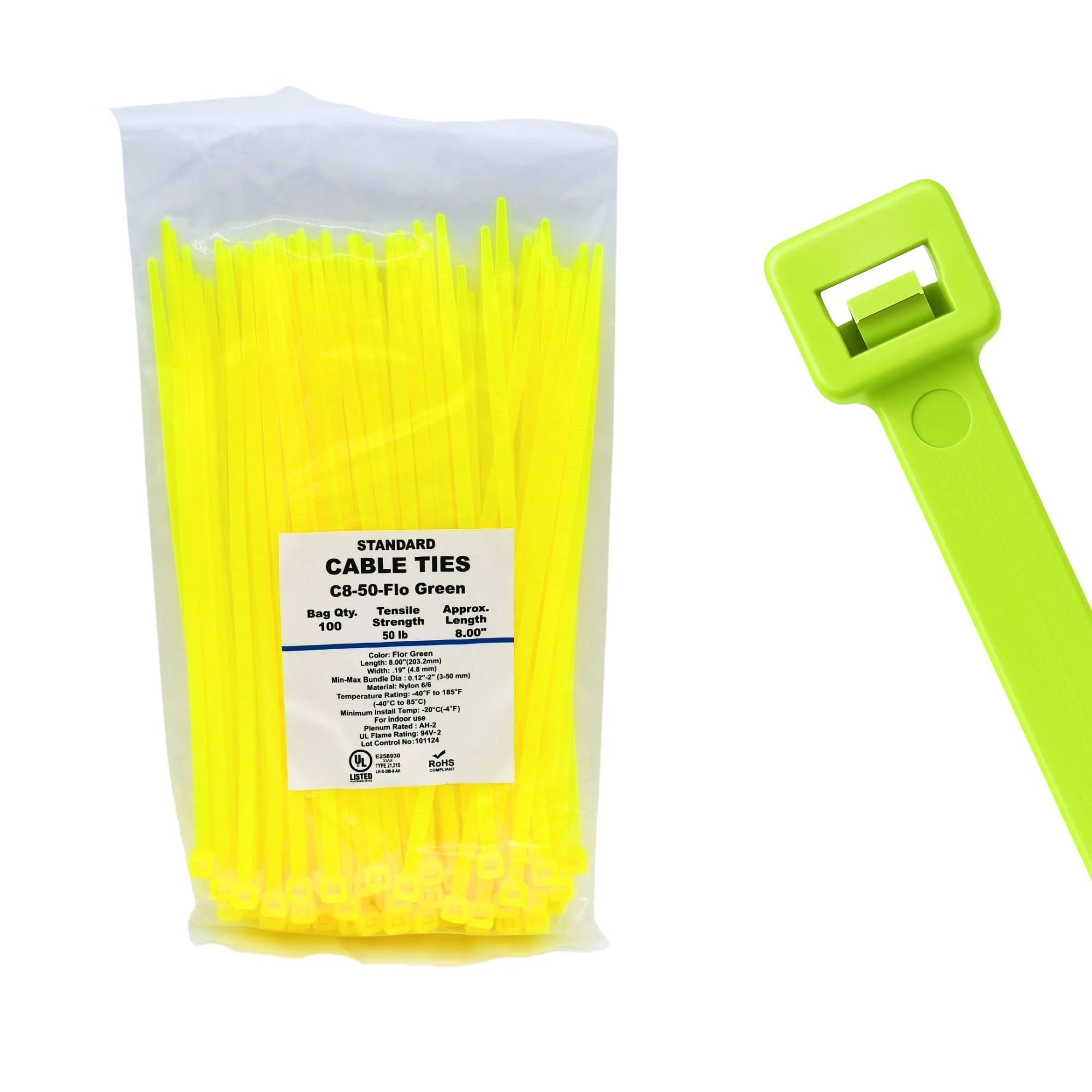 8" 50lb Fluorescent Green Cable Ties / Zip Ties 100/bag Part # C8-50-Flo Green