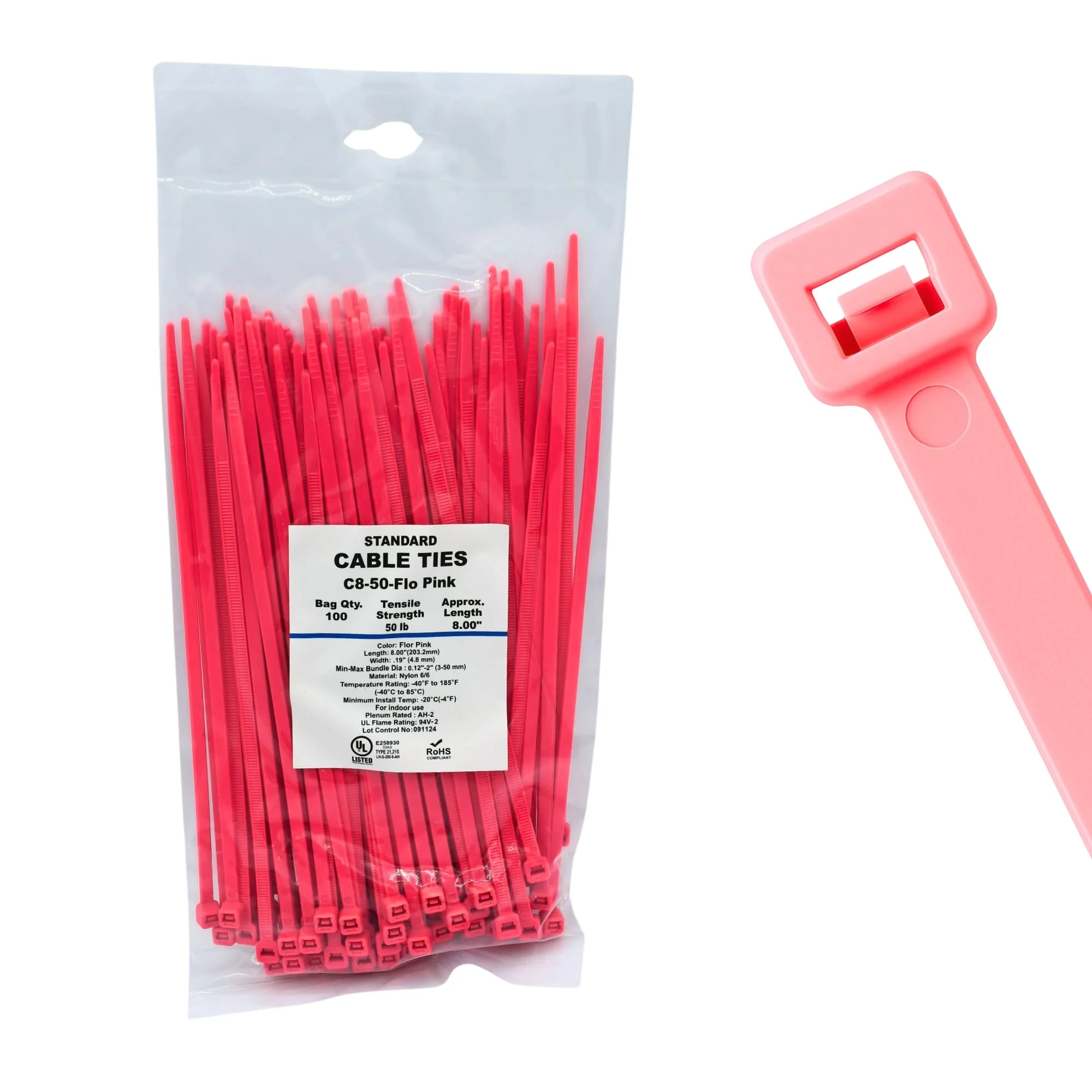 8" 50lb Fluorescent Pink Cable Ties / Zip Ties 100/bag Part # C8-50-Flo Pink
