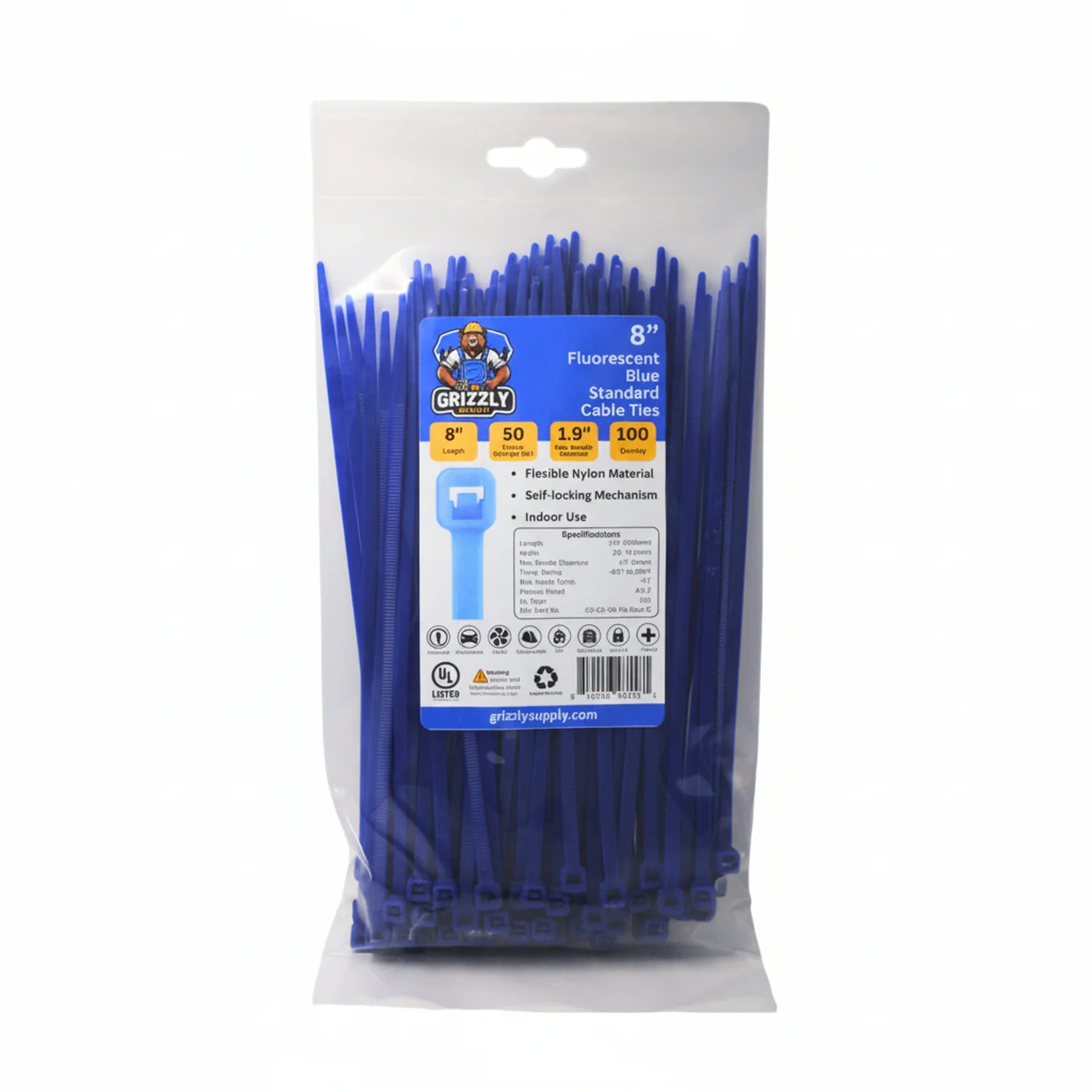 8" 50lb Fluorescent Blue Cable Tie 100/bag - Image 2