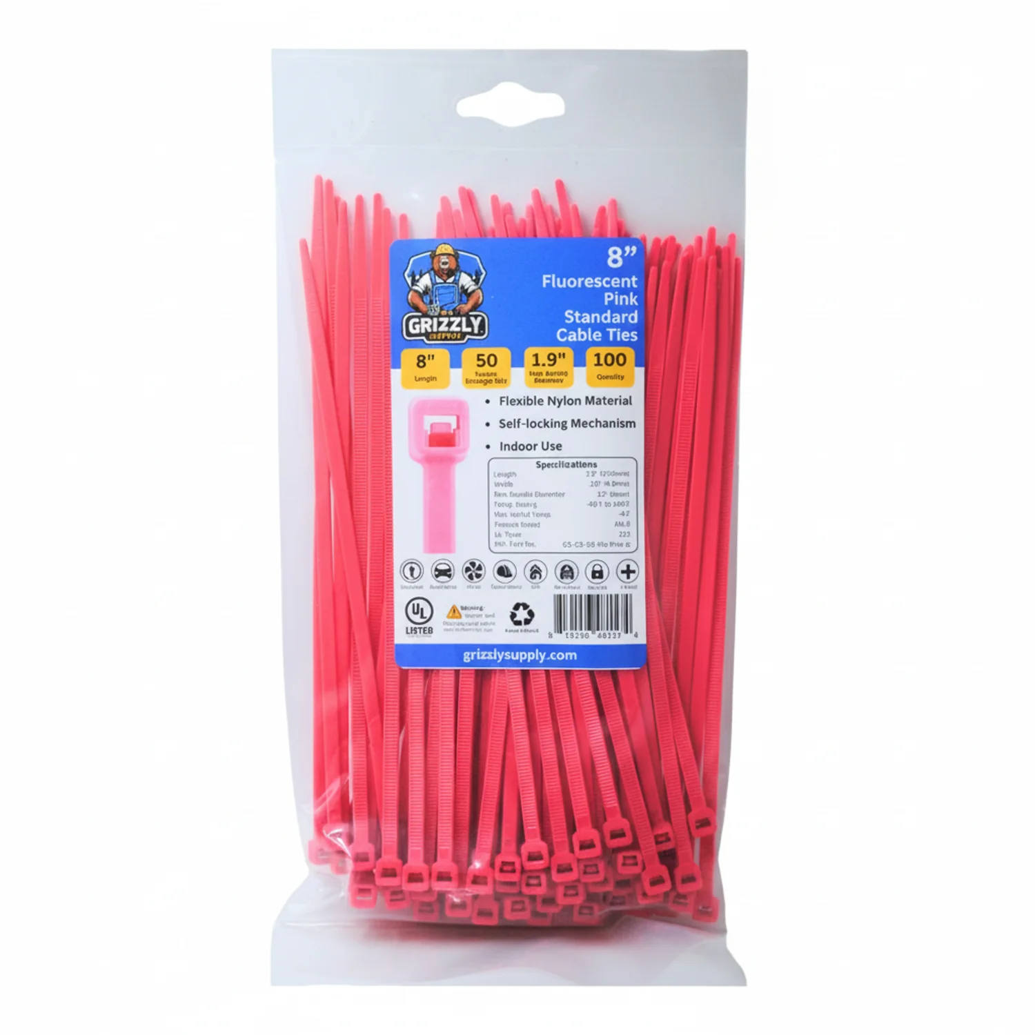 8" 50lb Fluorescent Pink Cable Tie 100/bag - Image 2