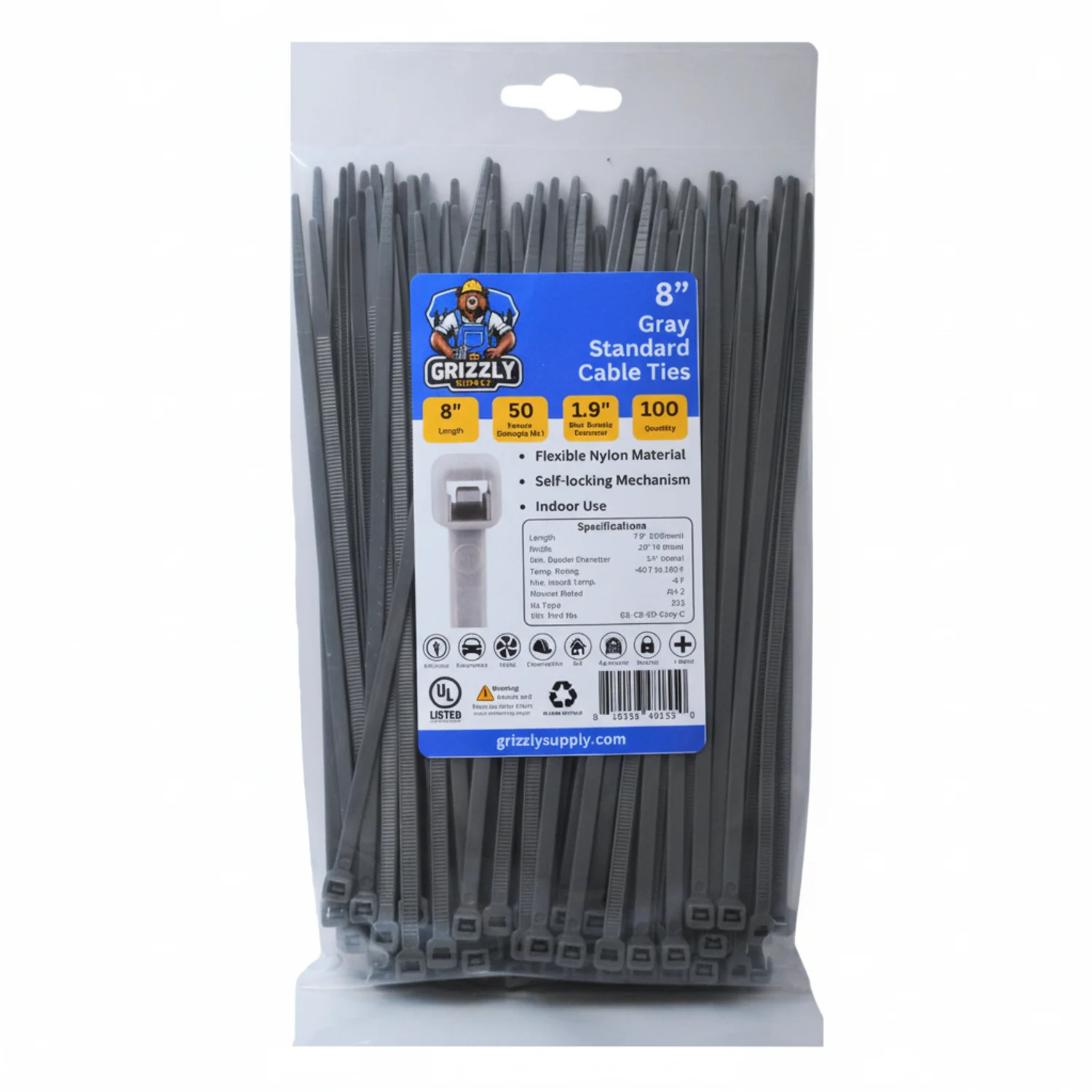 8" 50lb Gray Cable Tie 100/bag - Image 2