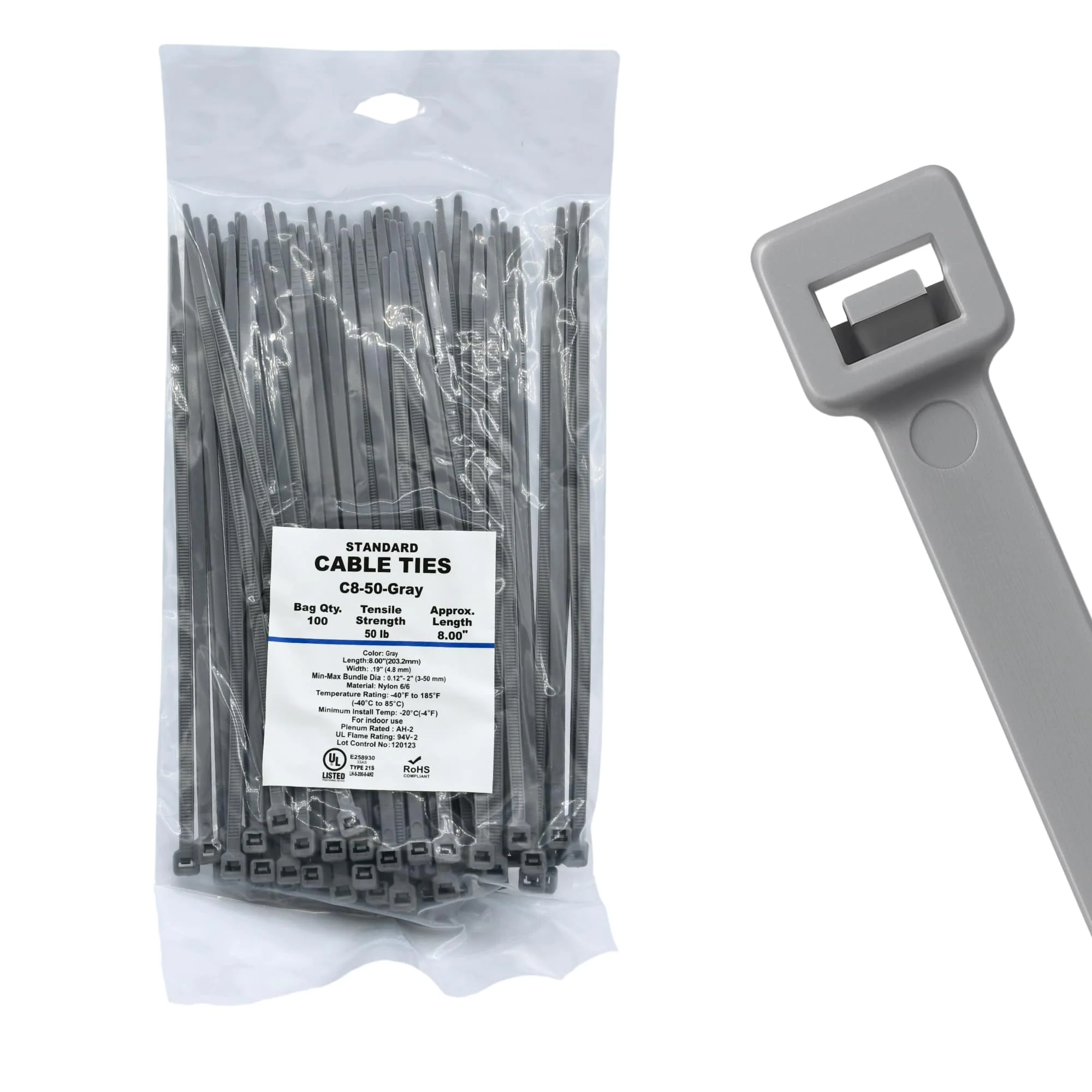 8" 50lb Grey Cable Ties / Zip Ties 100/bag Part # C8-50-Grey