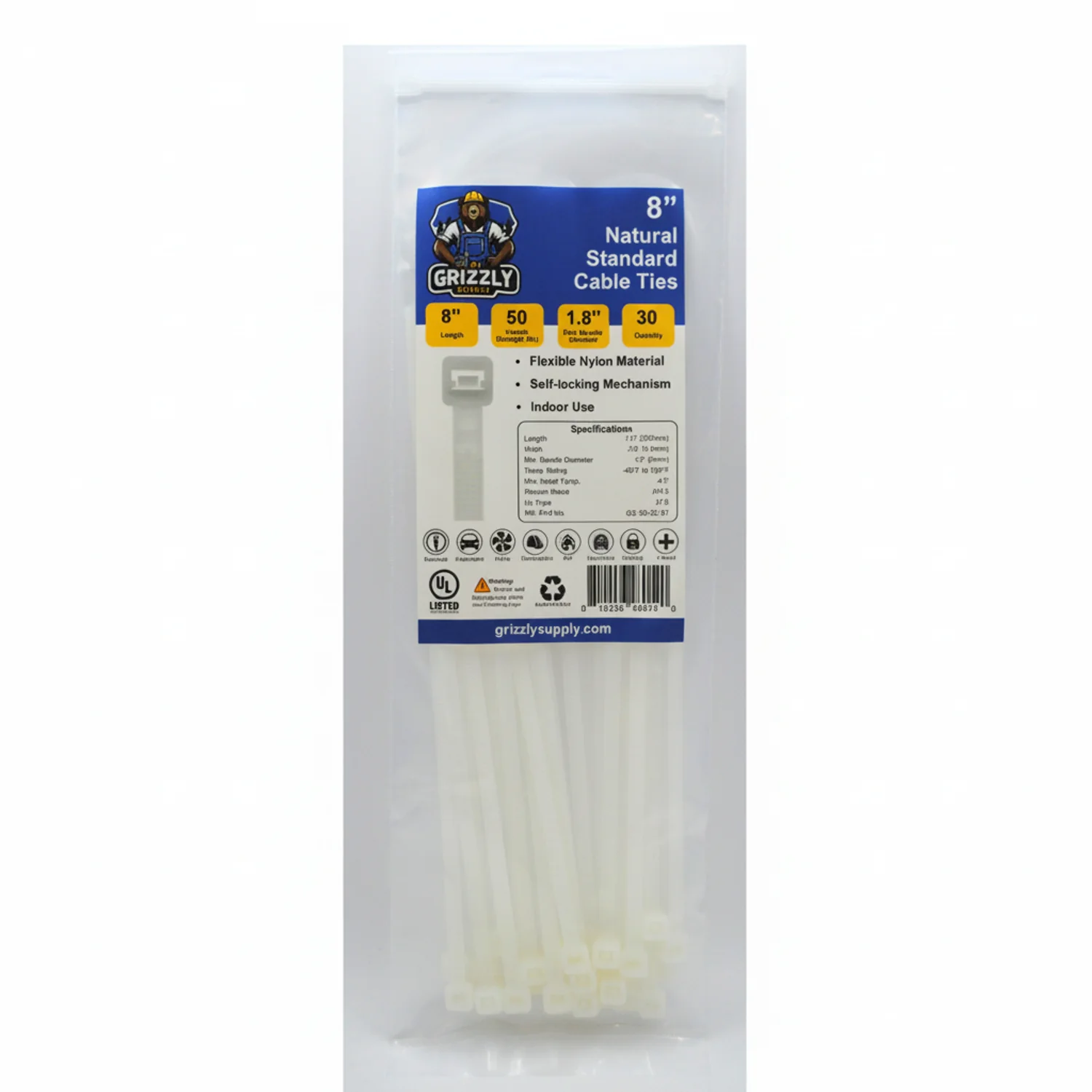 8" 50lb Natural Cable Tie 30/bag - Image 2