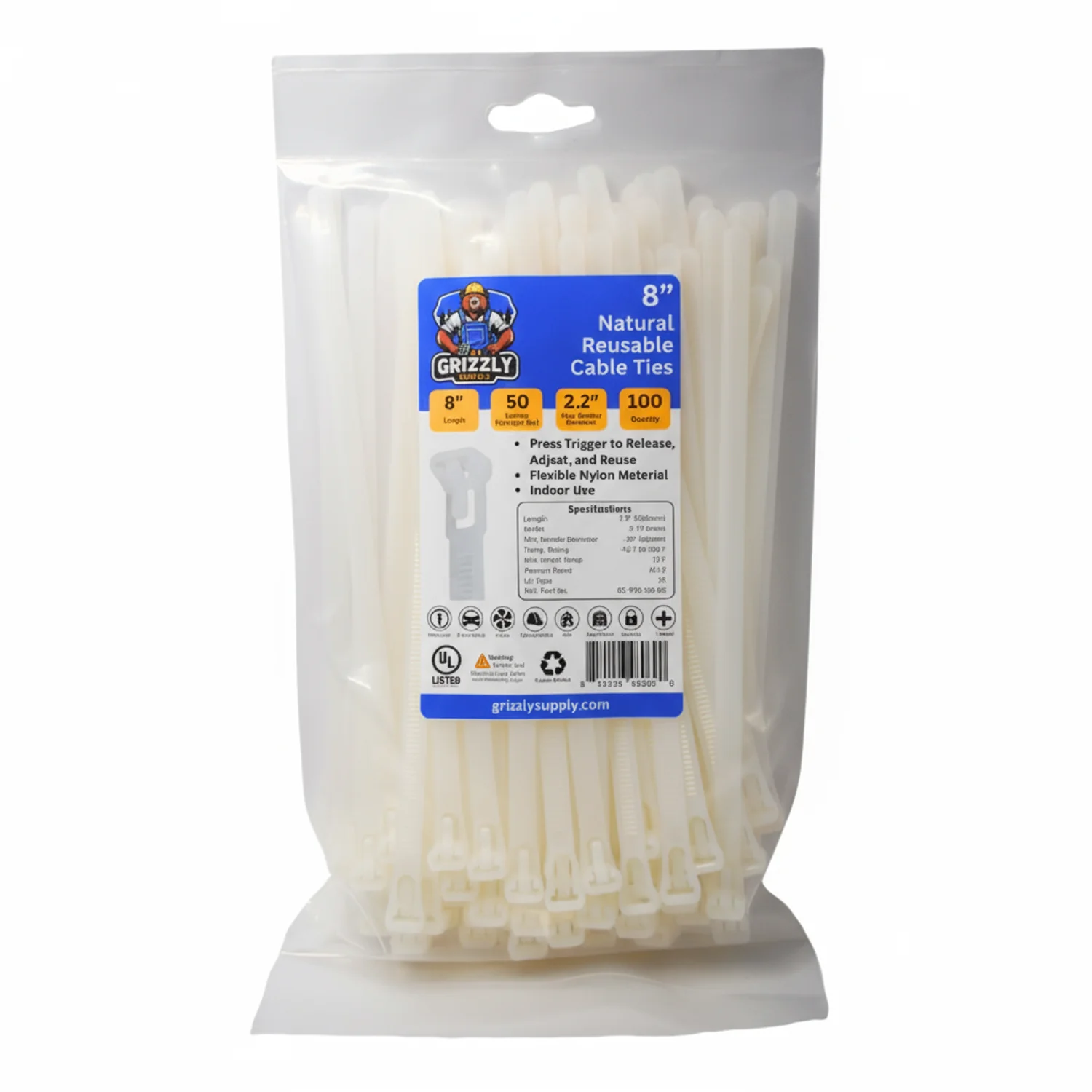8" 50lb Natural Releasable Cable Tie 100/bag - Image 2