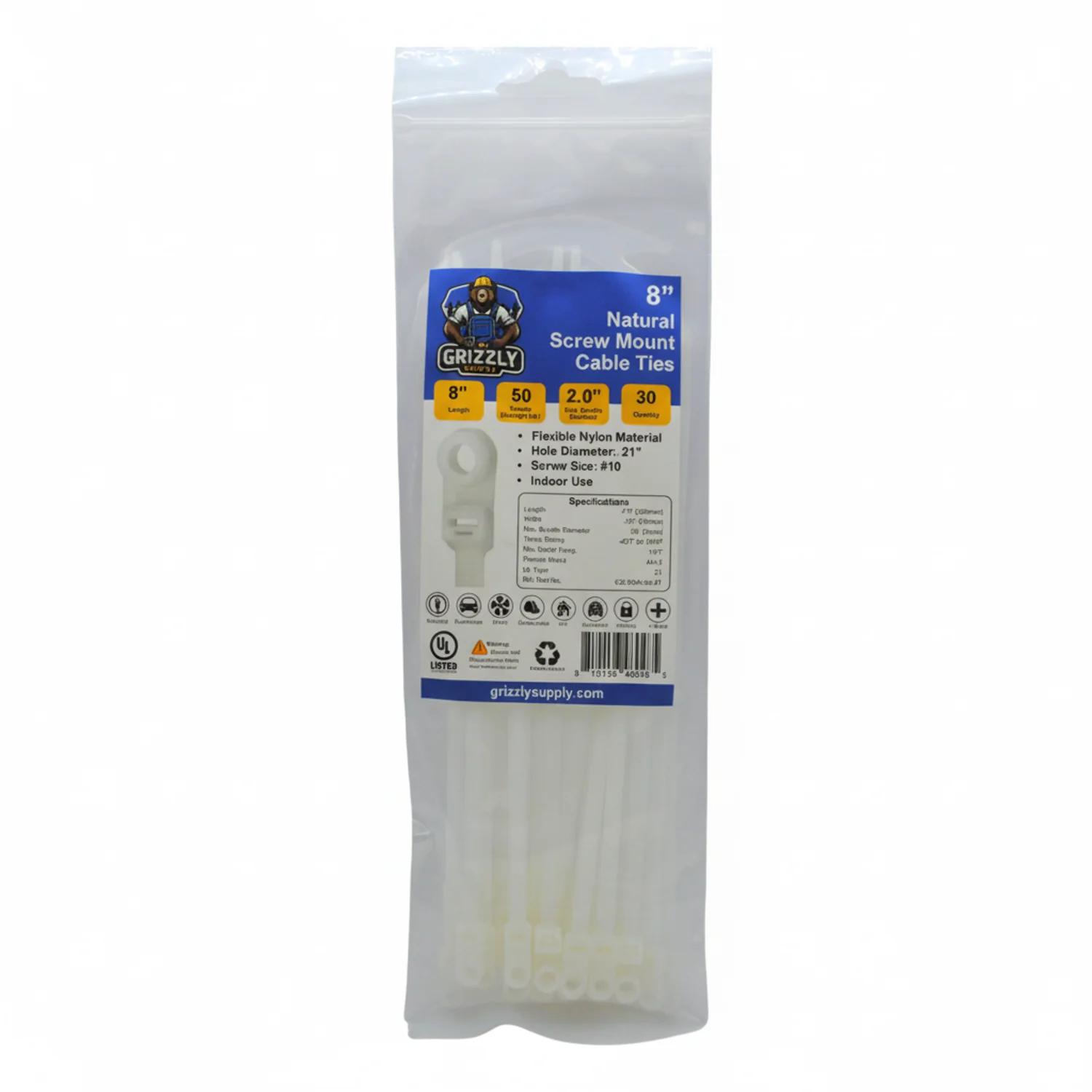 8" 50lb Natural Screw Mount Cable Tie 30/bag - Image 2