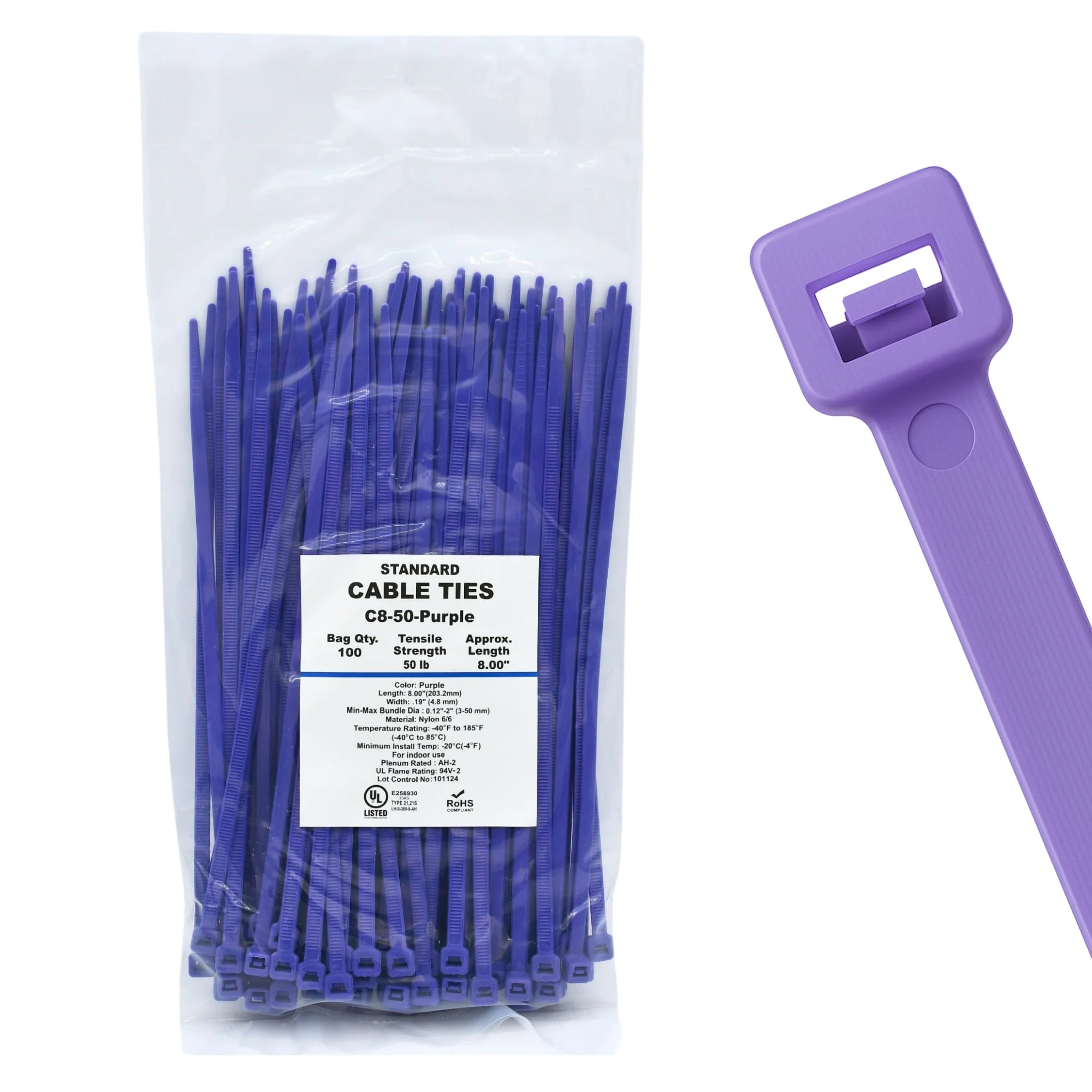 8" 50lb Purple Cable Ties / Zip Ties 100/bag Part # C8-50-Purple