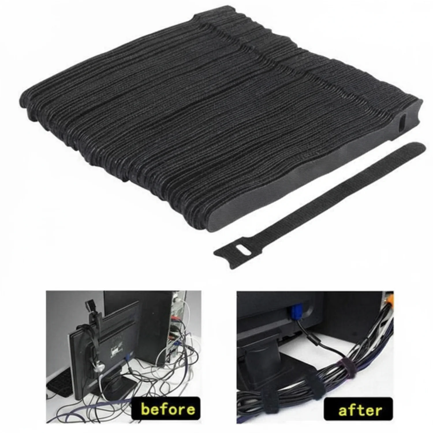 8" x 3/4" Hook and Loop Straps Black 100/bag - Image 2