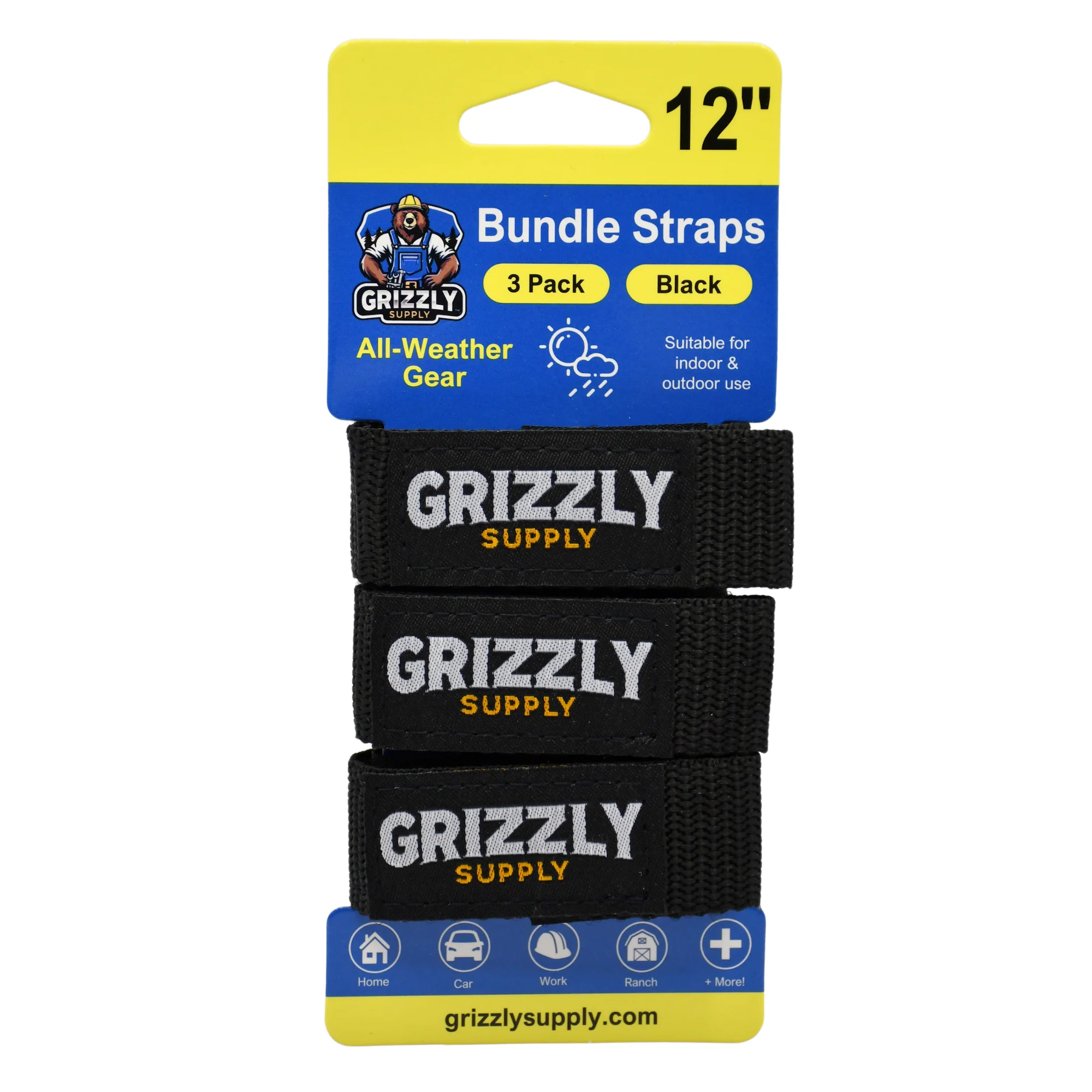 Grizzly Supply 12" Black Hook and Loop Bundle Strap 3/pk