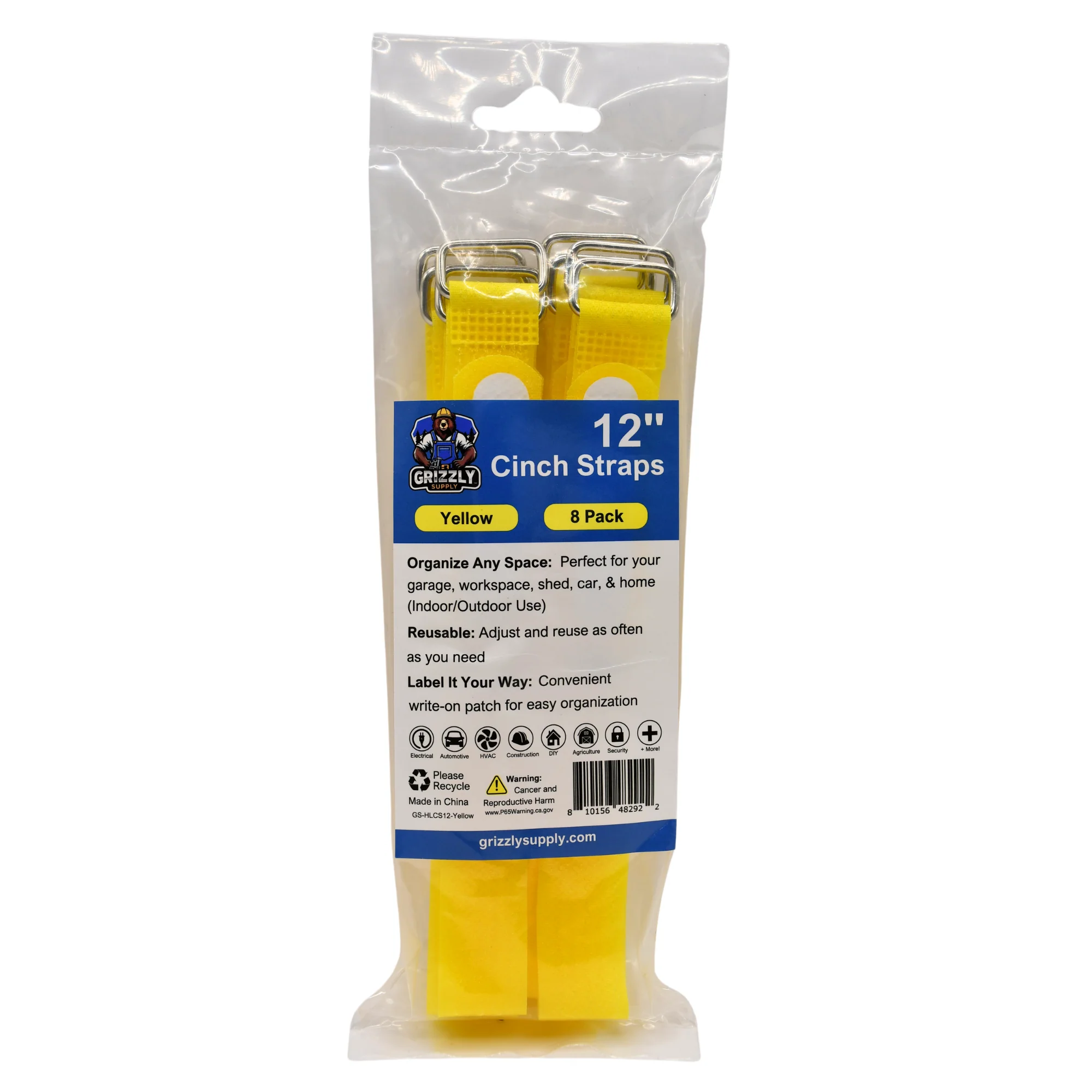 Grizzly Supply 12" Yellow Hook and Loop Cinch Strap 8/pk