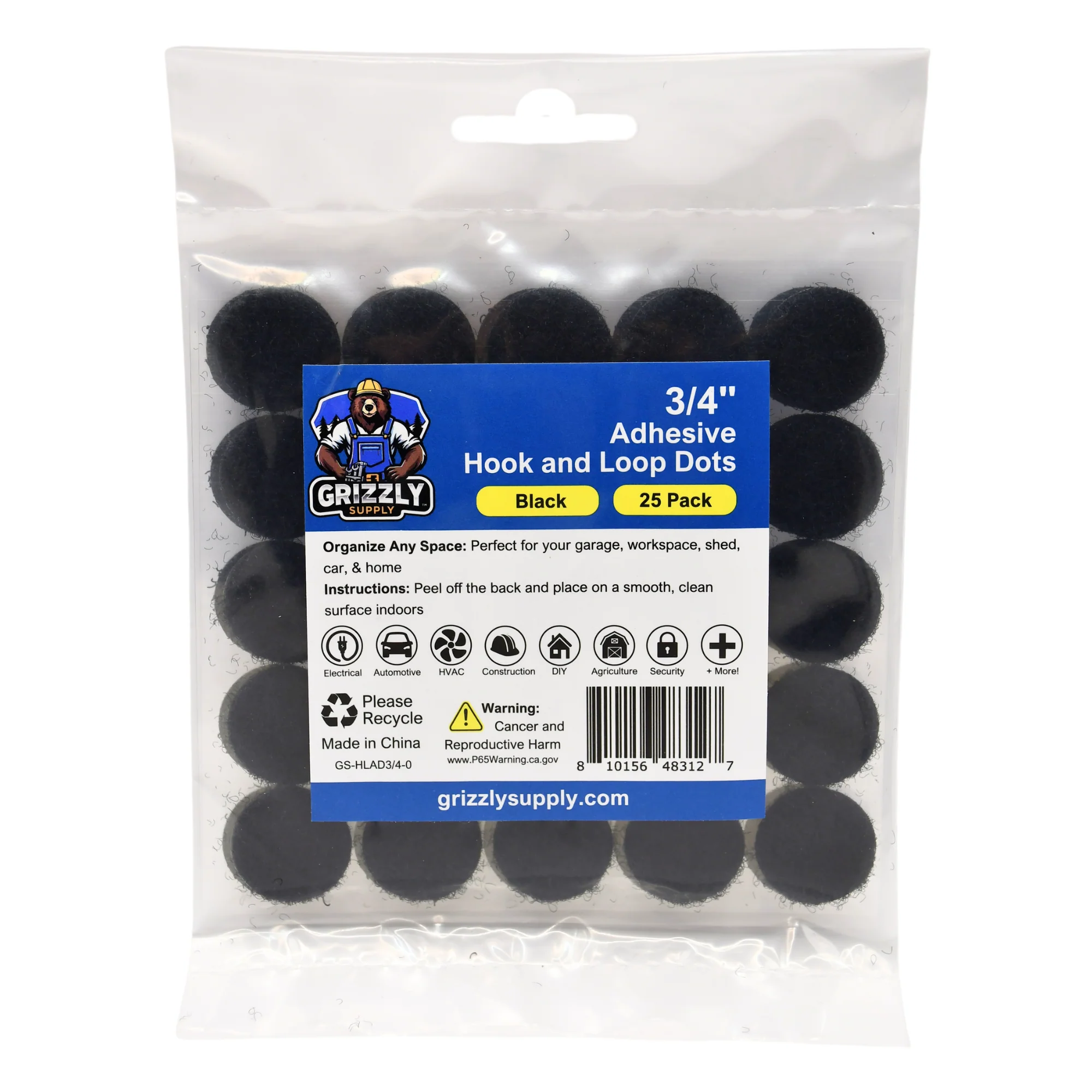 Grizzly Supply .75" Black Adhesive Hook and Loop Dot 25/pk