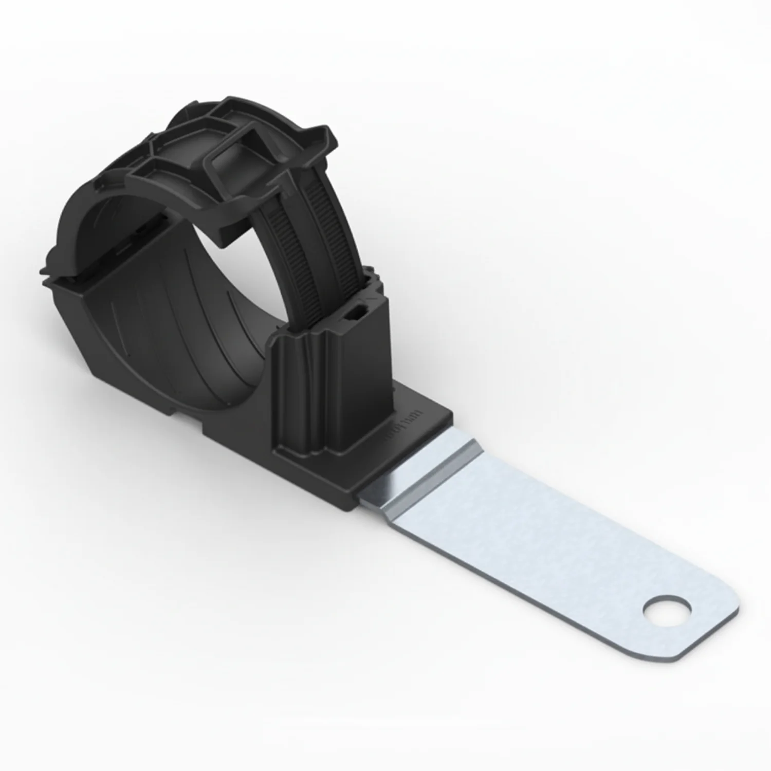 HellermannTyton 151-01507 Ratchet P-Clamp, 1.38"–2.01" Bundle Dia, 180° Long, .41" Hole Dia, PA66HIRHSUV/ST/ZN, Black, 140/ctn