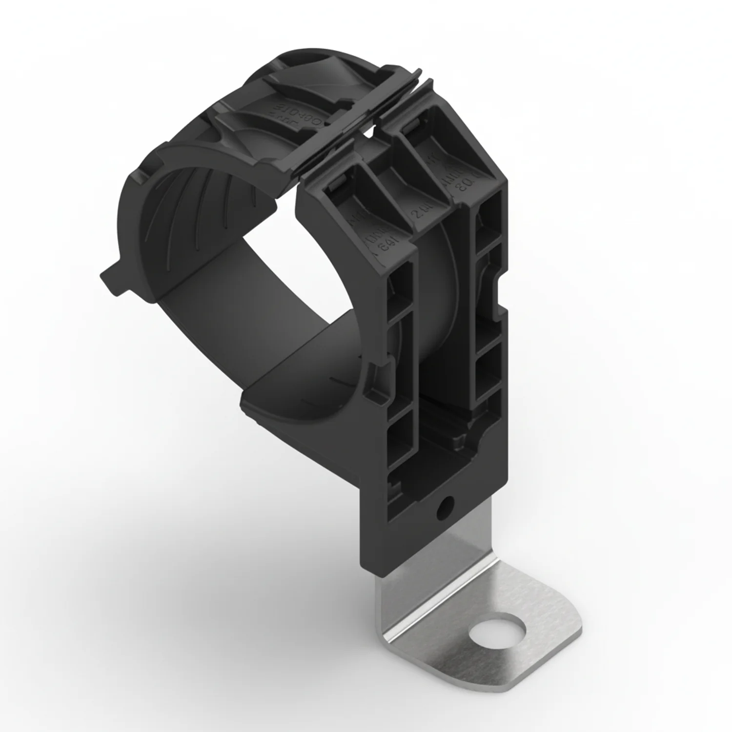 HellermannTyton 151-01518 Ratchet P-Clamp, 1.38"–2.01" Bundle Dia, 90° Short, .33" Hole Dia, PA66HIRHSUV/ST/ZN, Black, 160/ctn