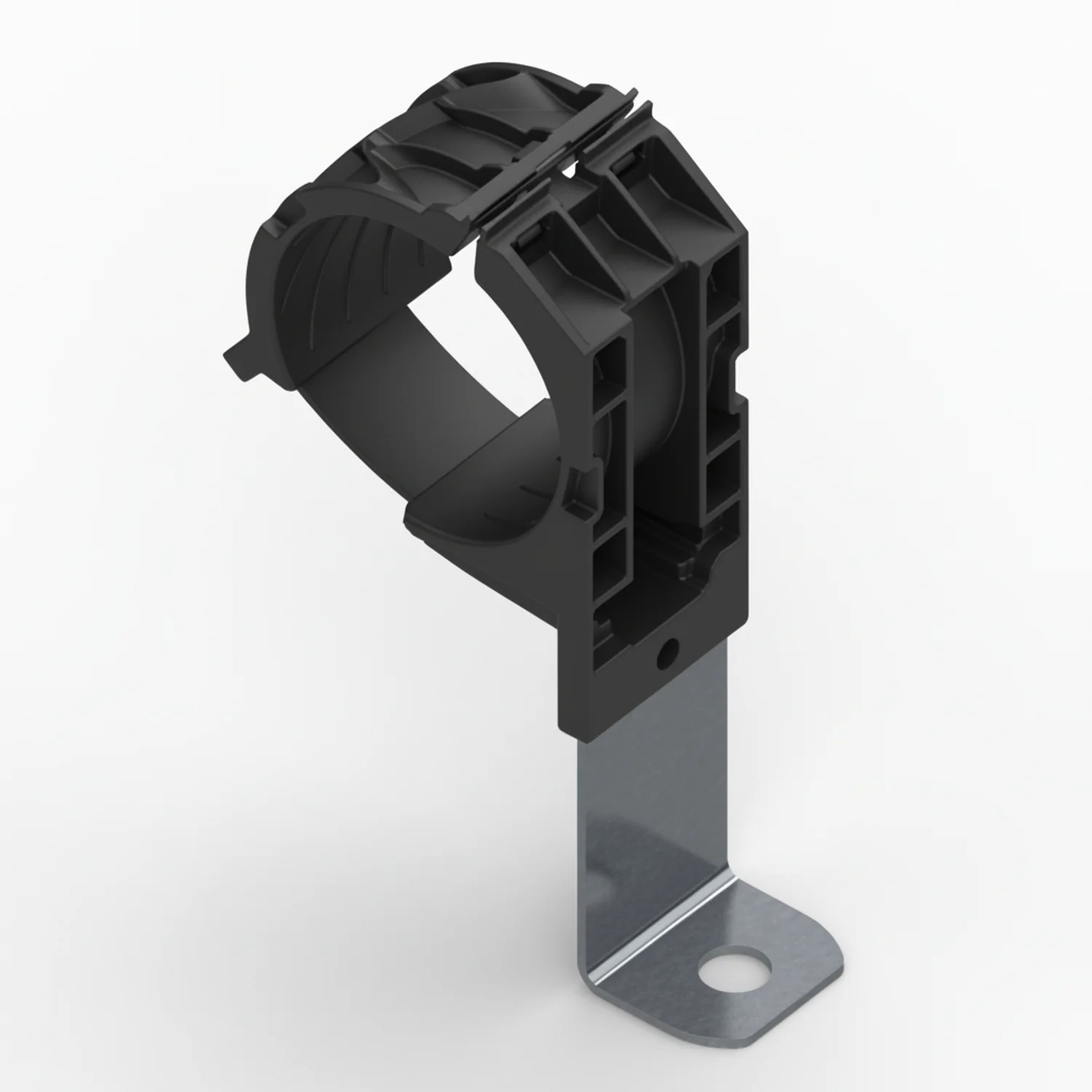HellermannTyton 151-01521 Ratchet P-Clamp, 1.38"–2.01" Bundle Dia, 90° Long, .33" Hole Dia, PA66HIRHSUV/ST/ZN, Black, 140/ctn