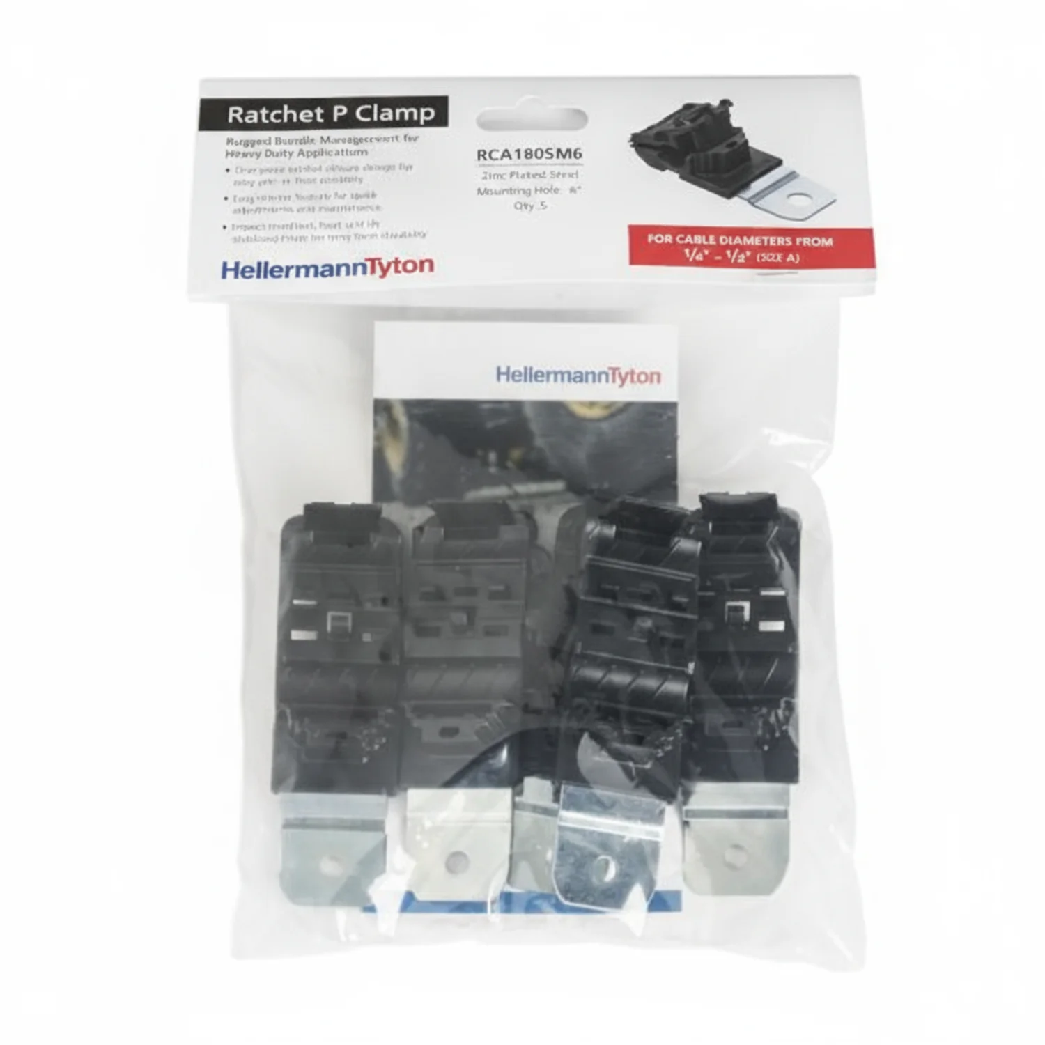 HellermannTyton 151-01670 Ratchet P-Clamp, .24"–.54" Bundle Dia, 180° Short, .26" Hole Dia, PA66HIRHSUV/ST/ZN, Black, 5/bag