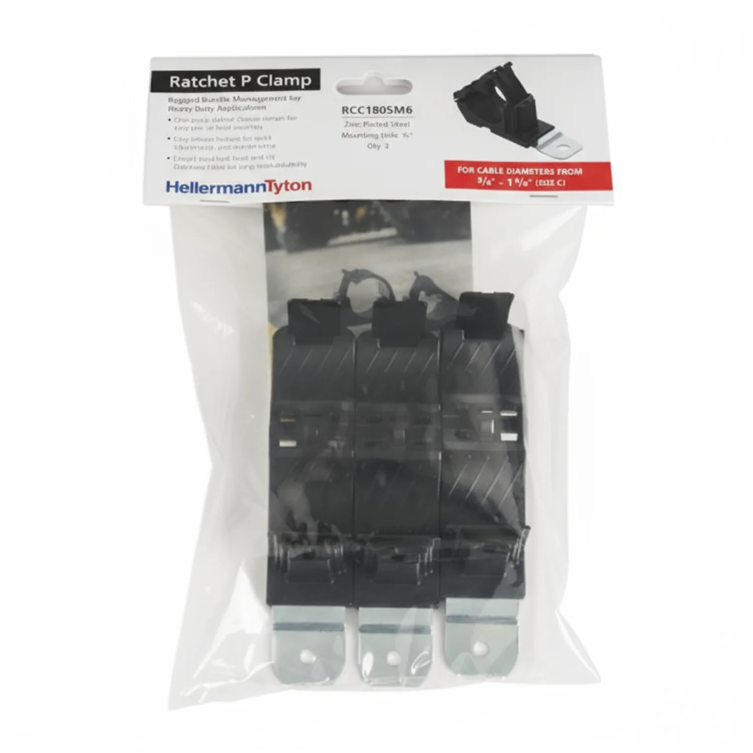 HellermannTyton 151-01672 Ratchet P-Clamp, .76"–1.42" Bundle Dia, 180° Short, .26" Hole Dia, PA66HIRHSUV/ST/ZN, Black, 3/bag