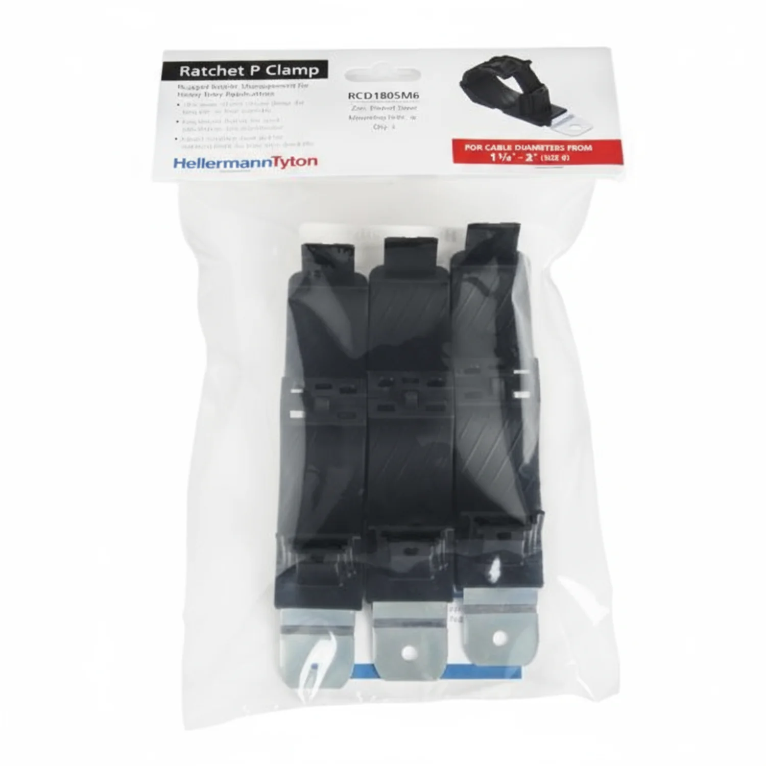 HellermannTyton 151-01673 Ratchet P-Clamp, 1.38"–2.01" Bundle Dia, 180° Short, .26" Hole Dia, PA66HIRHSUV/ST/ZN, Black, 3/bag