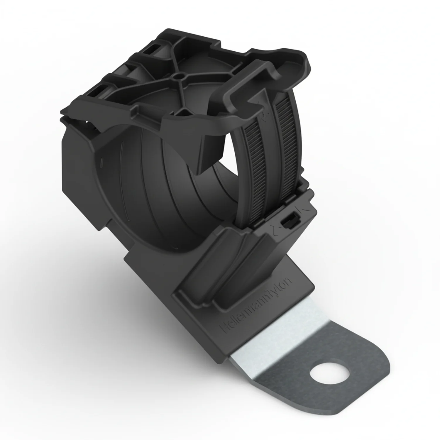 HellermannTyton 151-01997 Ratchet P-Clamp, .76"–1.42" Bundle Dia, 30° Long, .41" Hole Dia, PA66HIRHSUV/SS304, Black, 140/ctn