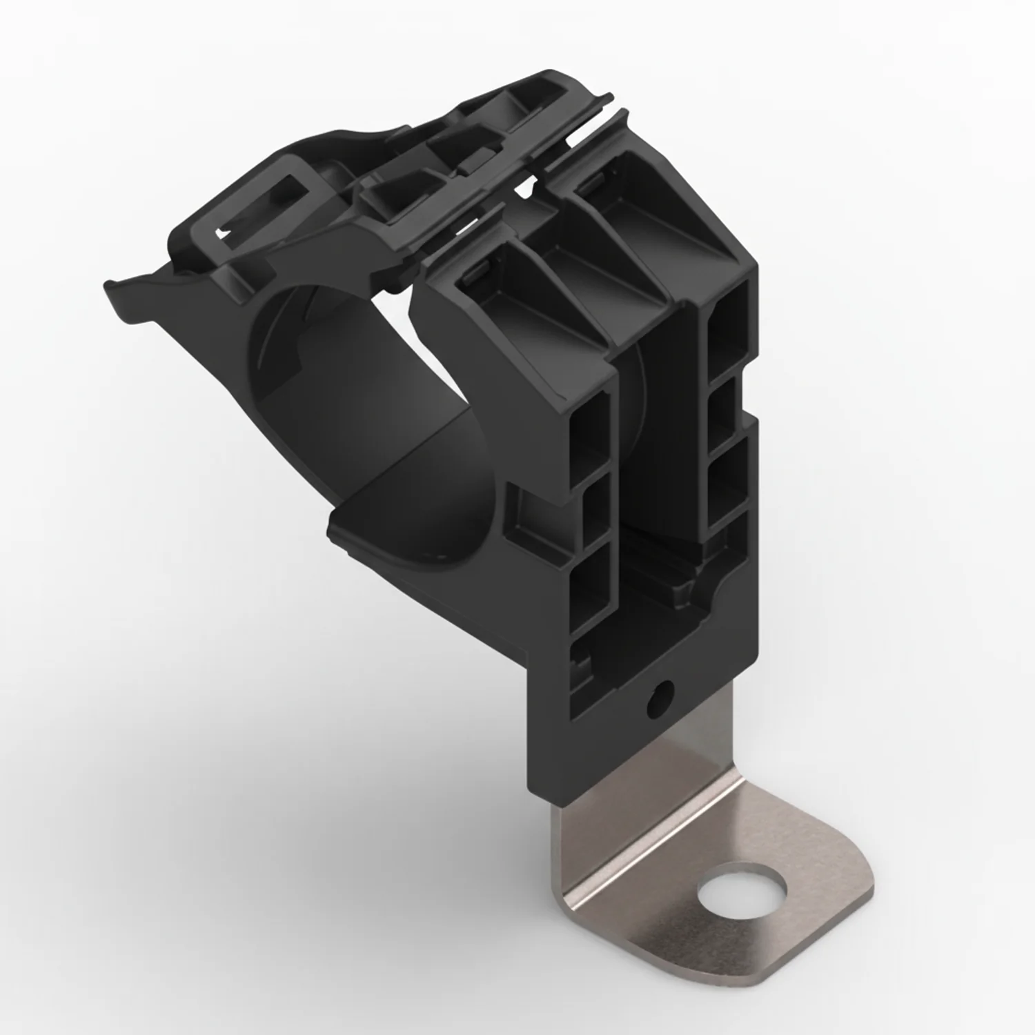 HellermannTyton 151-02007 Ratchet P-Clamp, .76"–1.42" Bundle Dia, 90° Long, .51" Hole Dia, PA66HIRHSUV/SS304, Black, 140/ctn