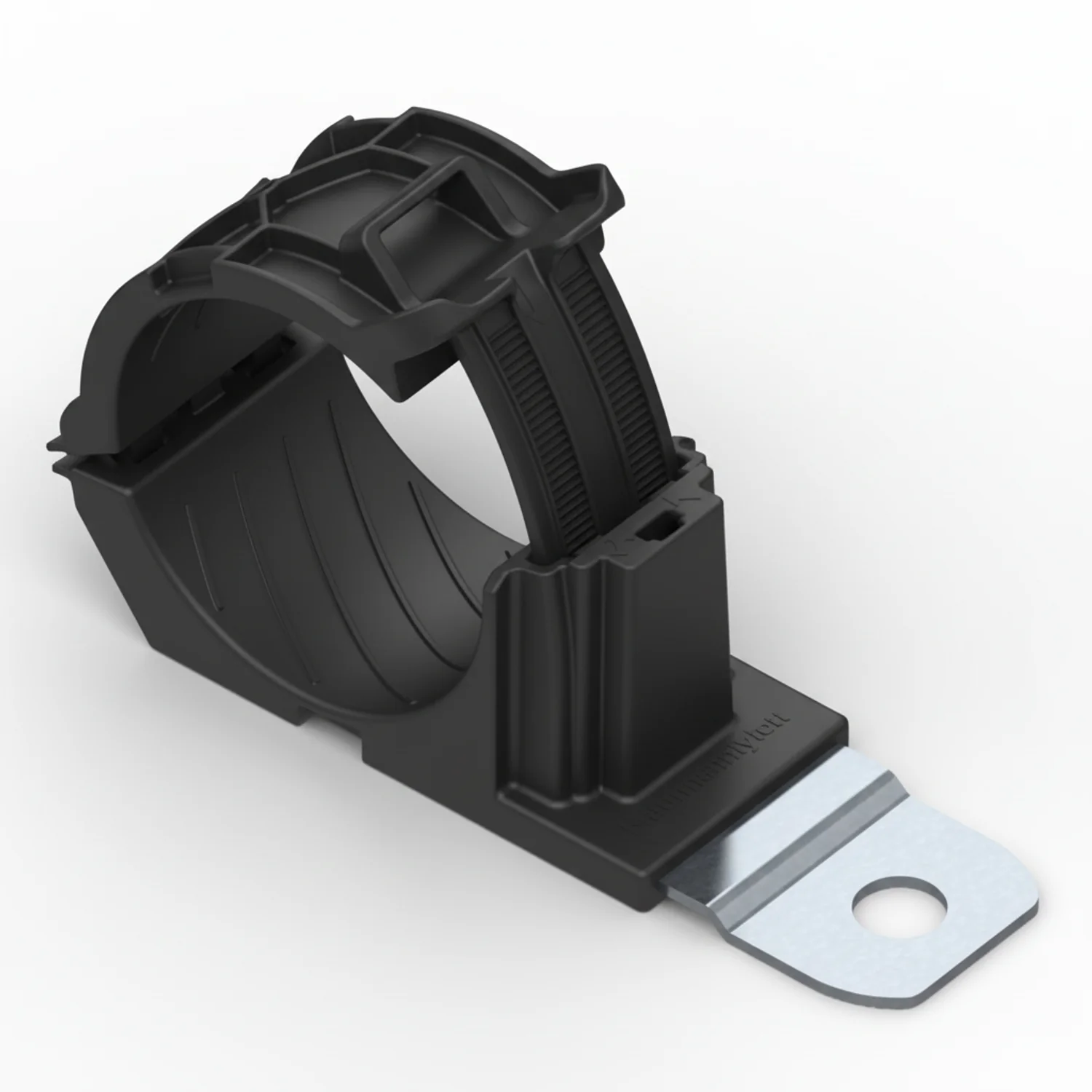 HellermannTyton 151-02017 Ratchet P-Clamp, 1.38"–2.01" Bundle Dia, 180° Long, .33" Hole Dia, PA66HIRHSUV/SS304, Black, 140/ctn