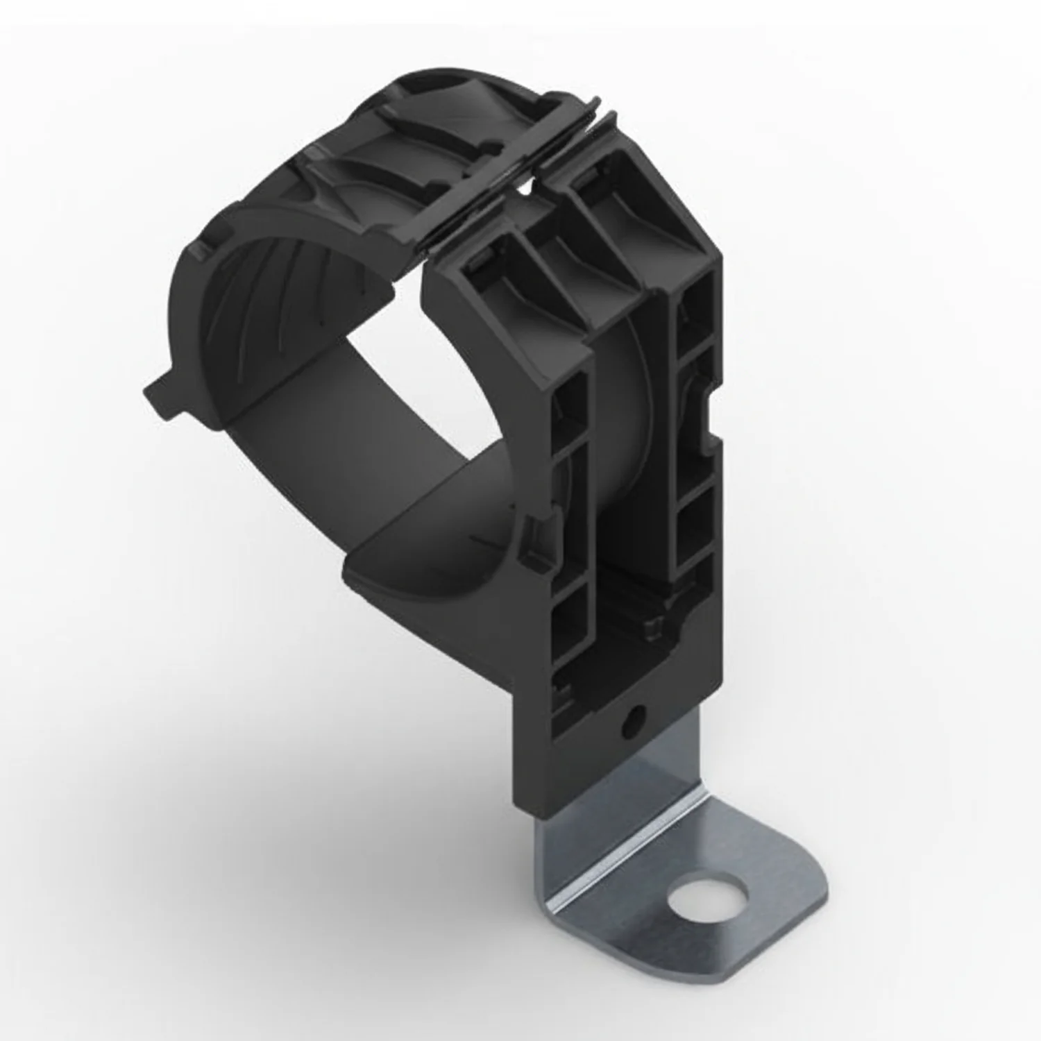 HellermannTyton 151-02035 Ratchet P-Clamp, 1.38"–2.01" Bundle Dia, 90° Short, .51" Hole Dia, PA66HIRHSUV/SS304, Black, 160/ctn