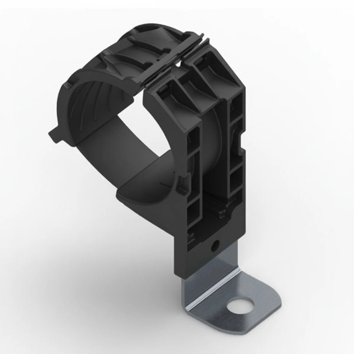 HellermannTyton 151-02037 Ratchet P-Clamp, 1.38"–2.01" Bundle Dia, 90° Long, .33" Hole Dia, PA66HIRHSUV/SS304, Black, 140/ctn