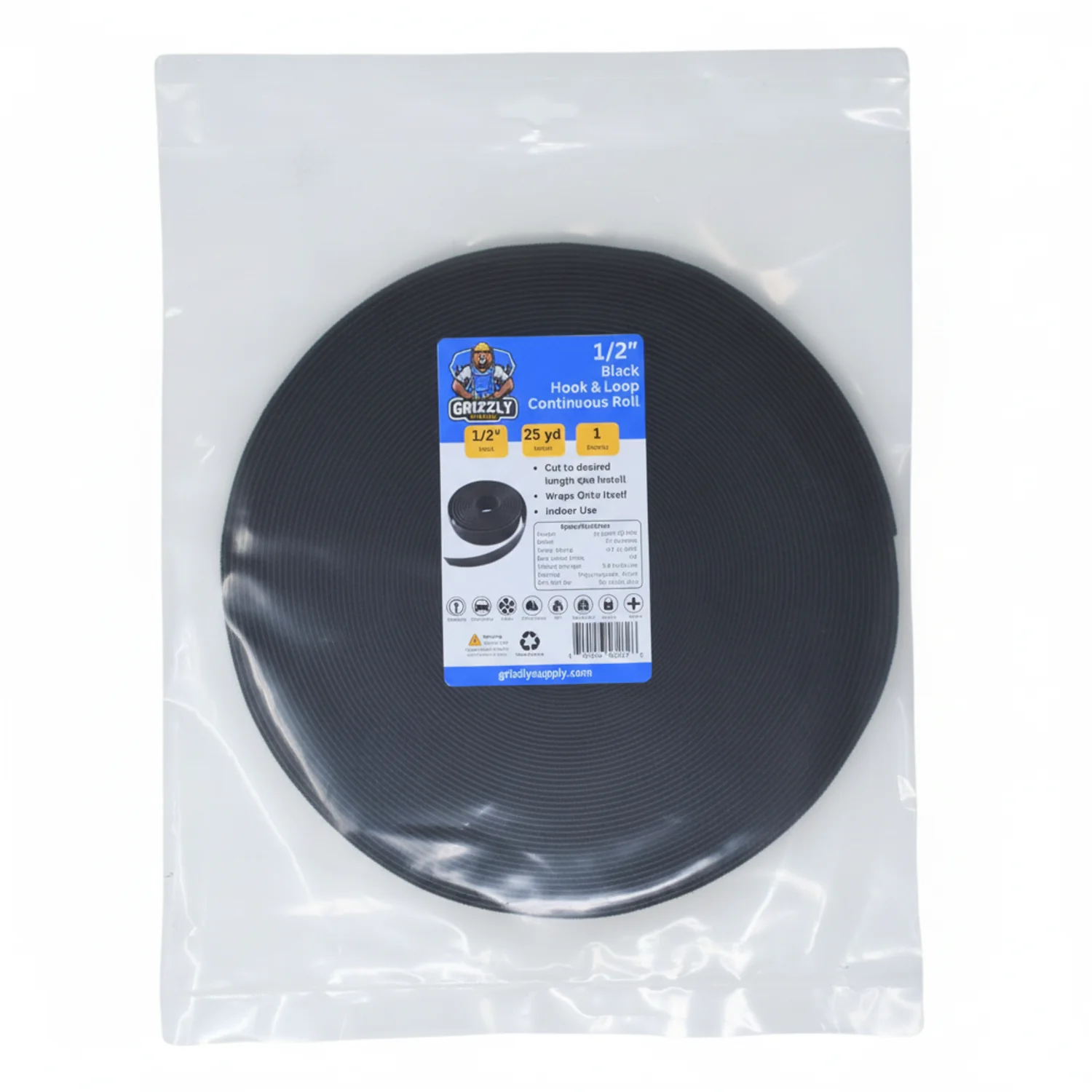 Grizzly Supply Hook & Loop 1/2" Black Continuous Roll 25 yards/roll - Image 2