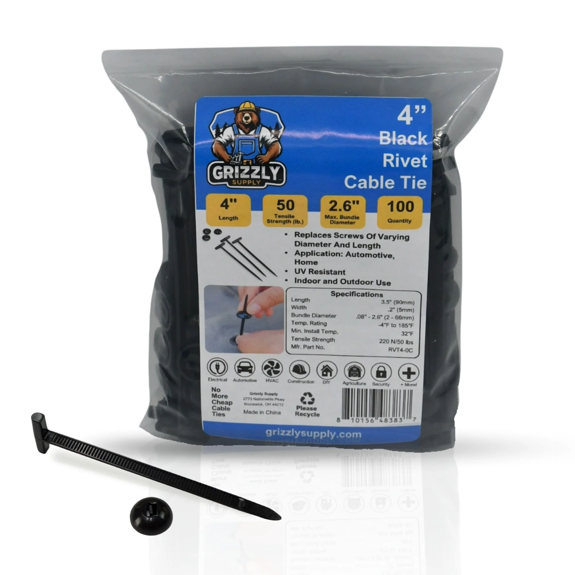 4" Rivet Tie Buckle Ties – 50 lb Universal Cable Tie Mount (100 Pack)