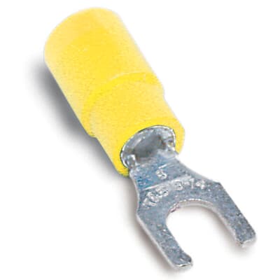Sta-Kon Vinyl Insulated Fork Terminal, 12-10 AWG, #10 Stud, Yellow, 50 Pack